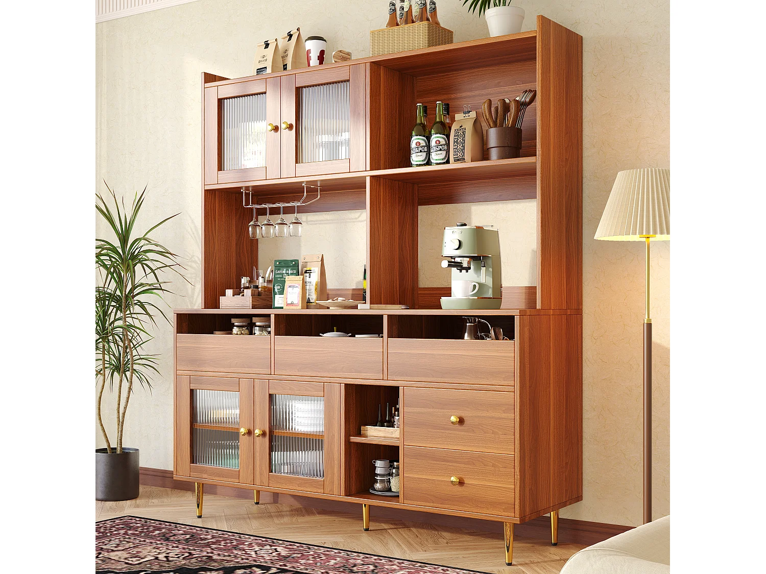 Kredens kuchenny z 4 drzwiami szklanymi, 5 szufladami i otwartą przegrodą - 145 x 39 x 171 cm - drewno MDF - orzech