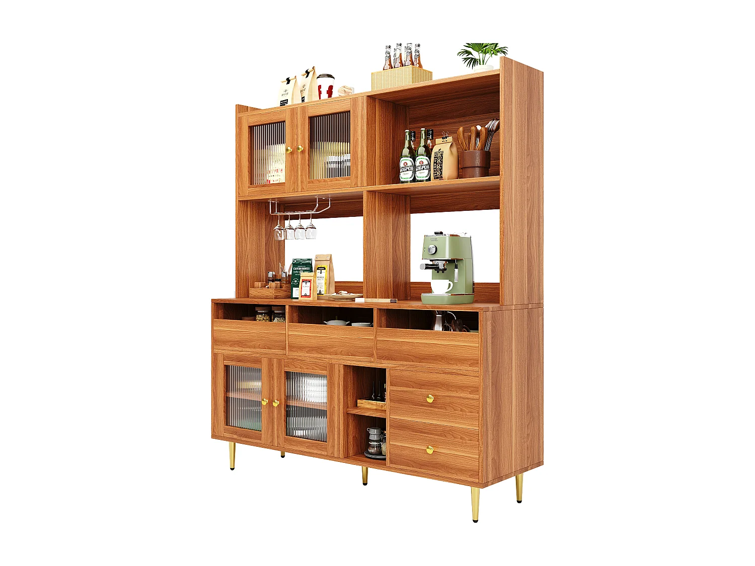 Kredens kuchenny z 4 drzwiami szklanymi, 5 szufladami i otwartą przegrodą - 145 x 39 x 171 cm - drewno MDF - orzech