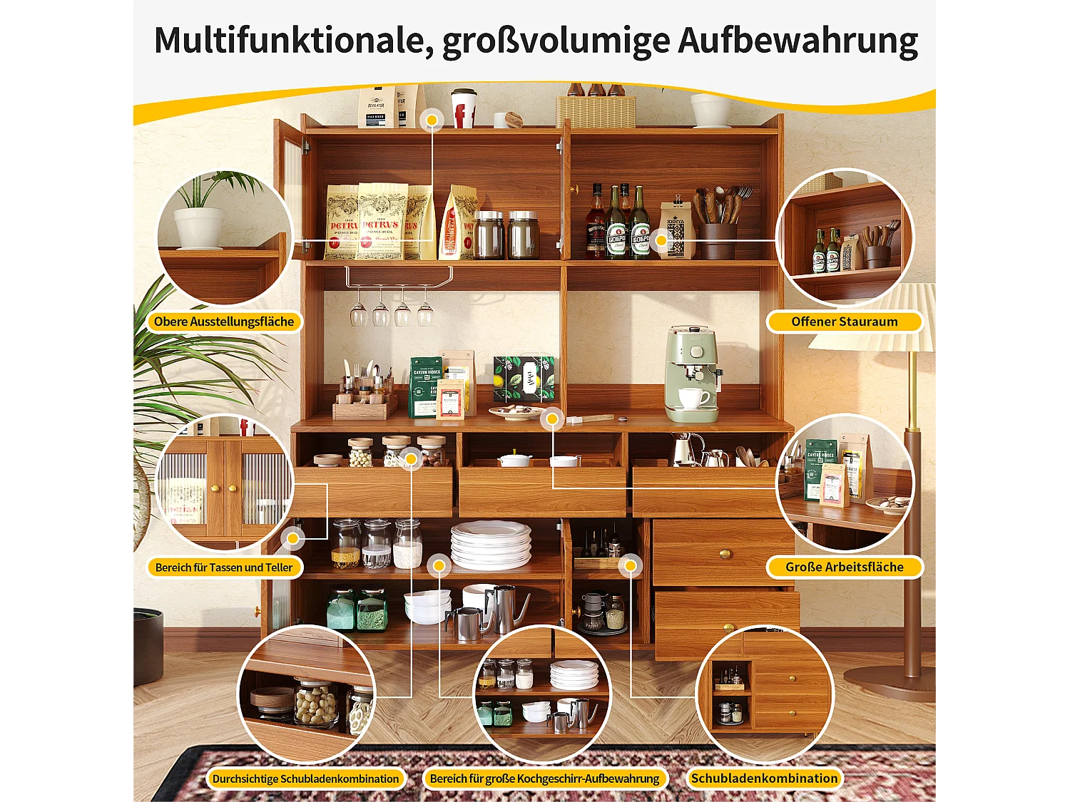 Kredens kuchenny z 4 drzwiami szklanymi, 5 szufladami i otwartą przegrodą - 145 x 39 x 171 cm - drewno MDF - orzech