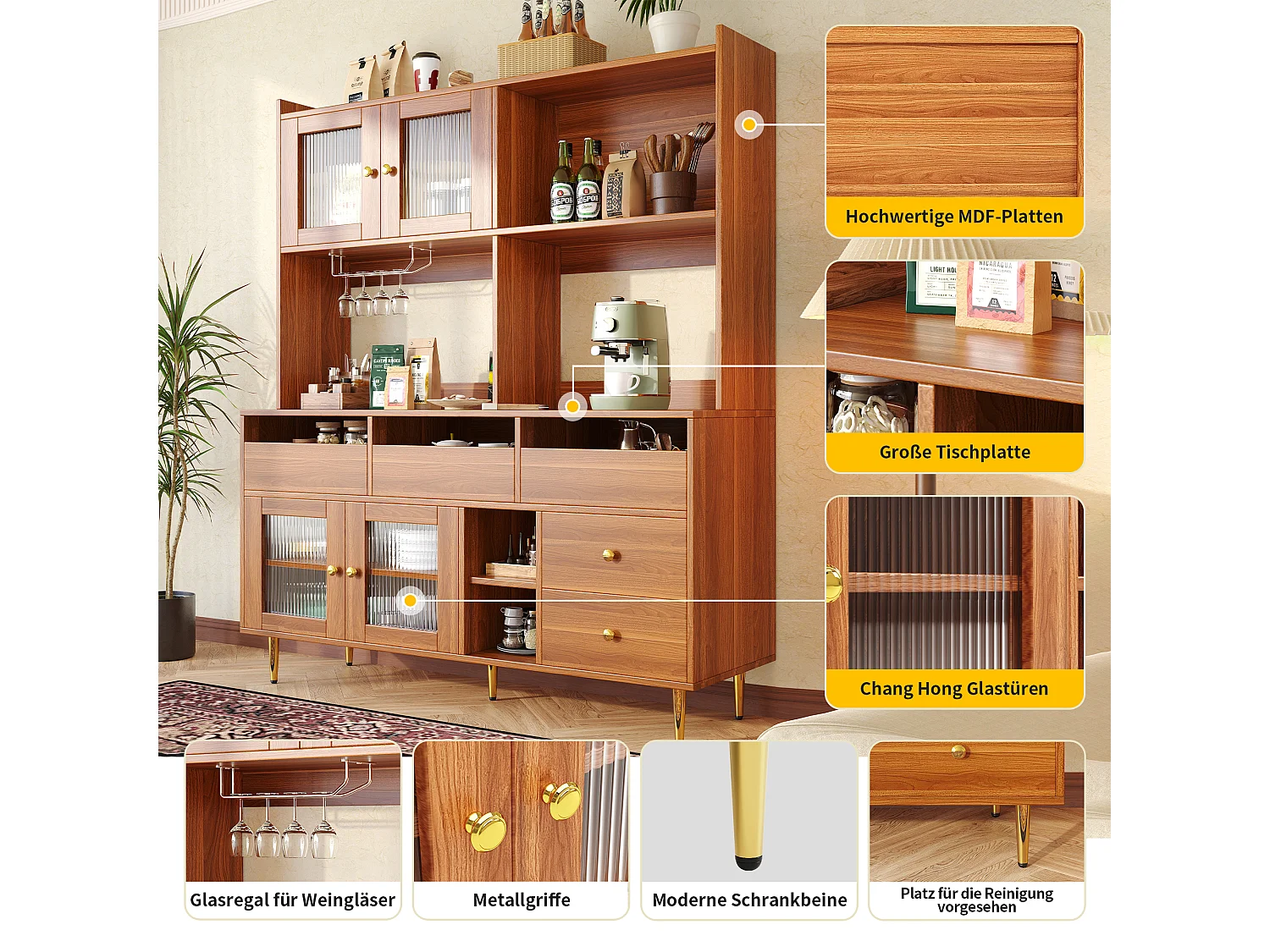 Kredens kuchenny z 4 drzwiami szklanymi, 5 szufladami i otwartą przegrodą - 145 x 39 x 171 cm - drewno MDF - orzech