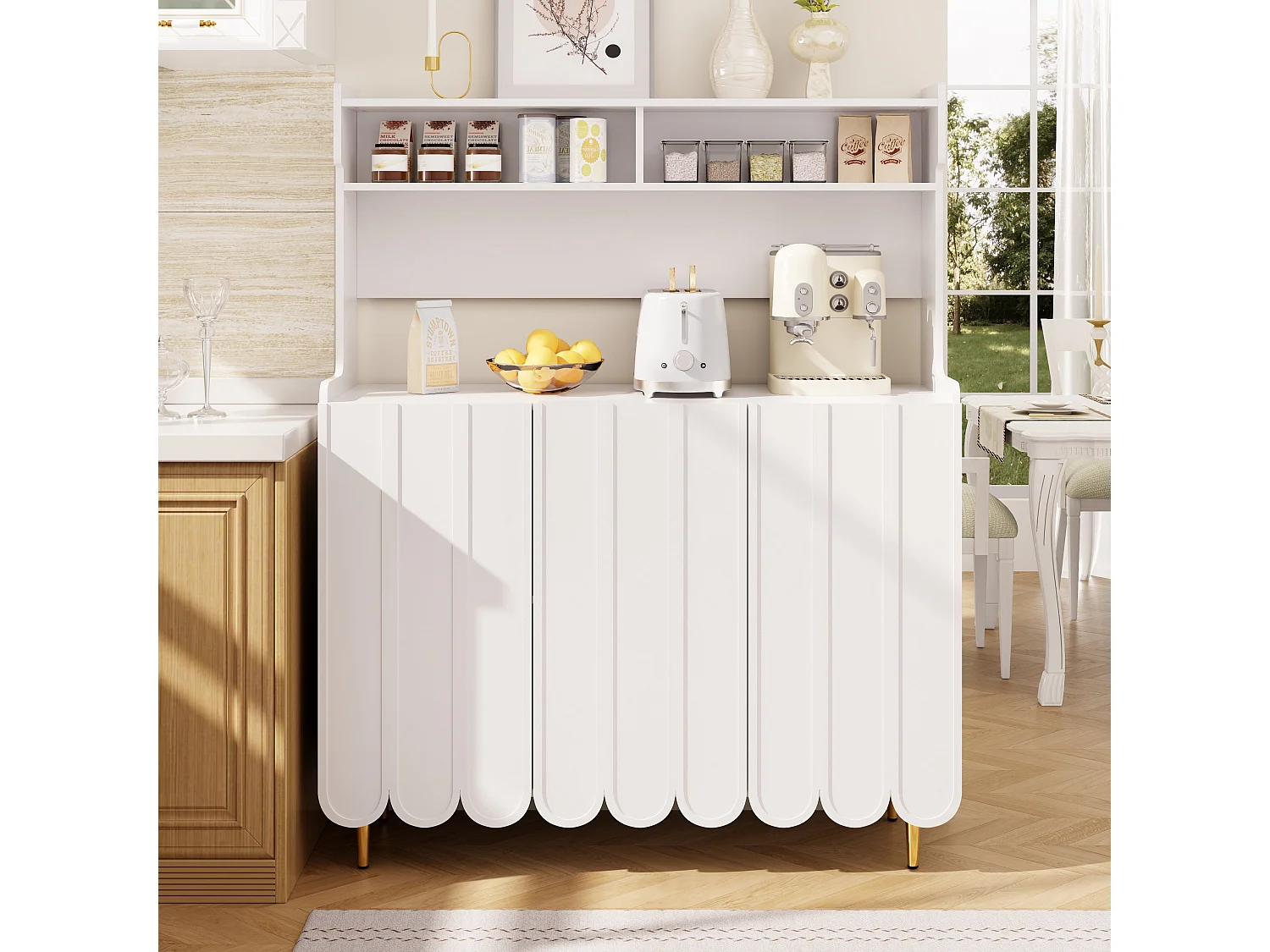 Credenza da cucina con 3 ante e ripiani aperti - 120 x 40 x 151 cm - Legno MDF - Bianco
