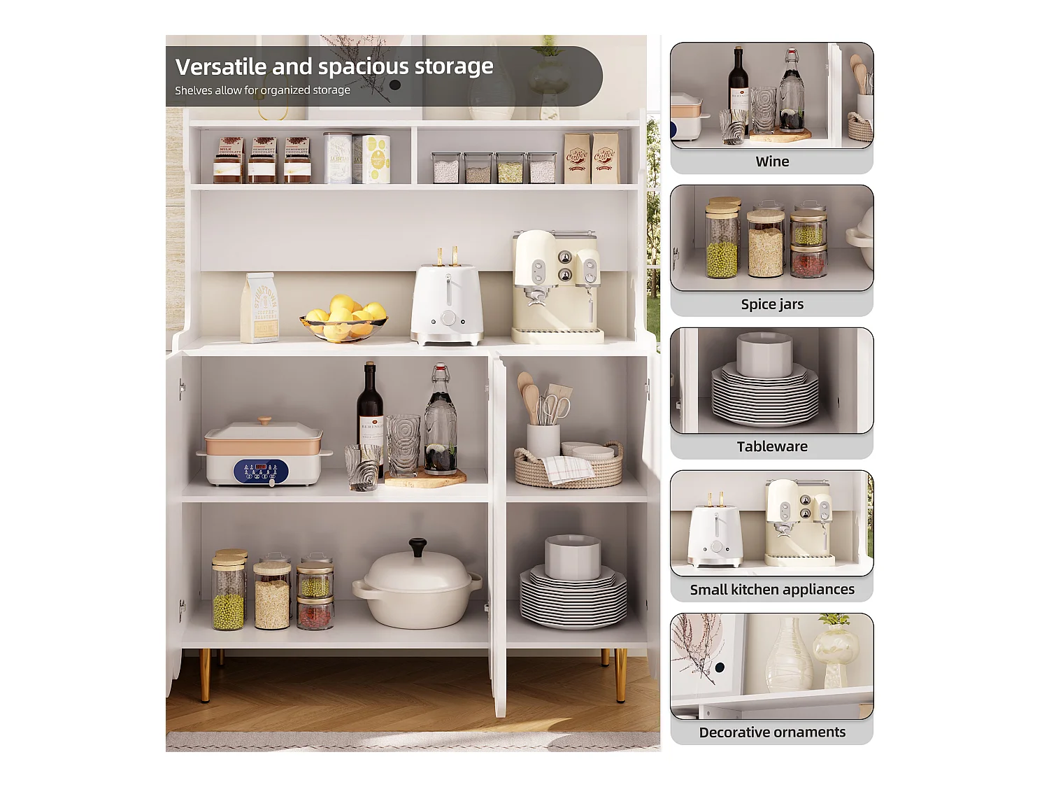 Credenza da cucina con 3 ante e ripiani aperti - 120 x 40 x 151 cm - Legno MDF - Bianco