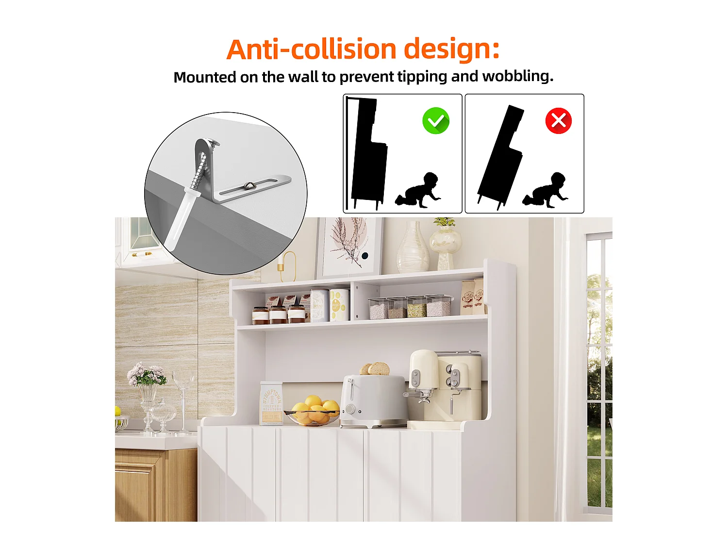 Credenza da cucina con 3 ante e ripiani aperti - 120 x 40 x 151 cm - Legno MDF - Bianco