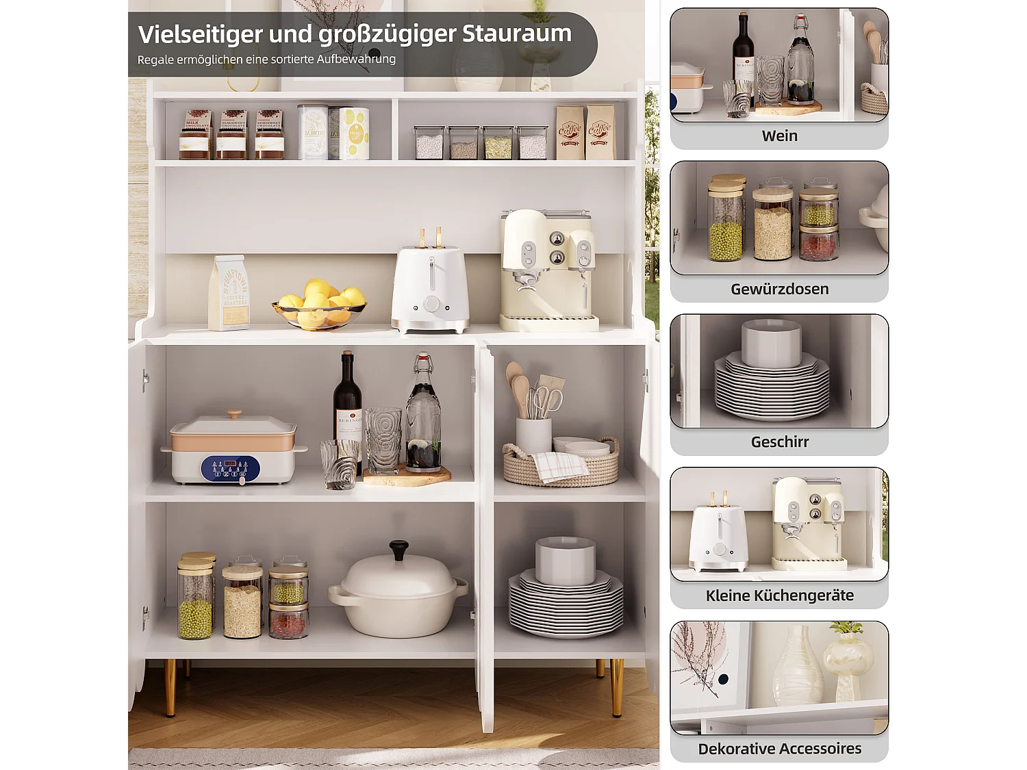 Buffet de cuisine avec 3 portes et étagères de rangement ouverte - 120 x 40 x 151 cm - Bois MDF - Blanc