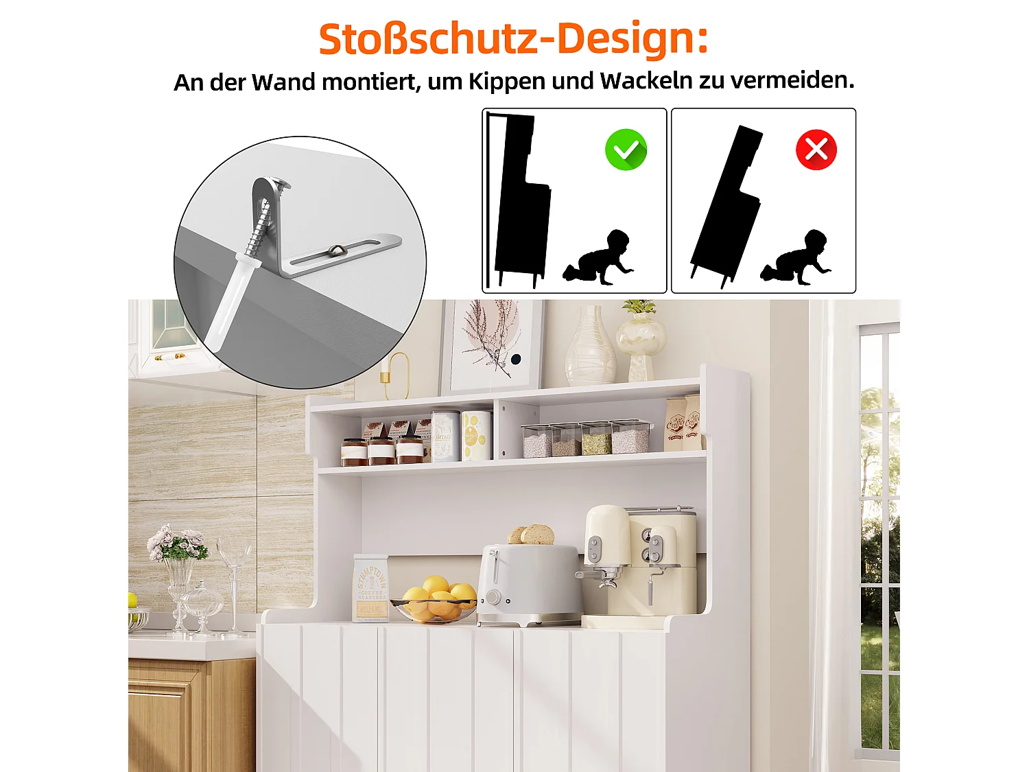 Buffet de cuisine avec 3 portes et étagères de rangement ouverte - 120 x 40 x 151 cm - Bois MDF - Blanc