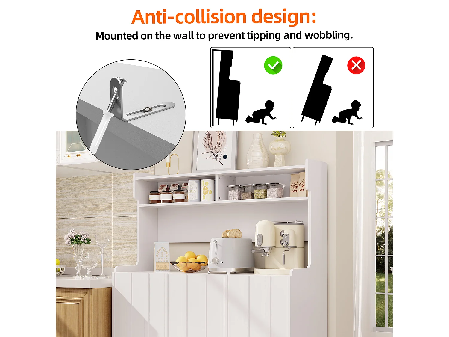 Buffet de cuisine avec 3 portes et étagères de rangement ouverte - 120 x 40 x 151 cm - Bois MDF - Blanc