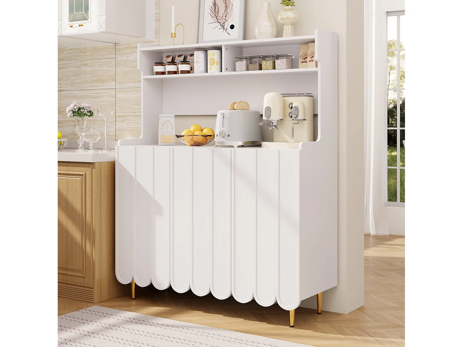 Buffet de cuisine avec 3 portes et étagères de rangement ouverte - 120 x 40 x 151 cm - Bois MDF - Blanc