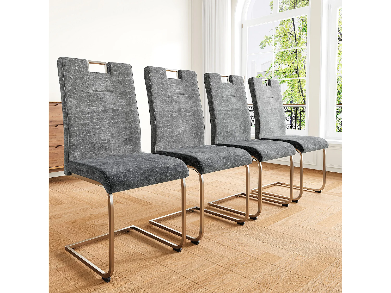 Lot de 4 Chaises cantilever en velours - Pièds en tube d'acier - Sans accoudoirs - Gris foncé
