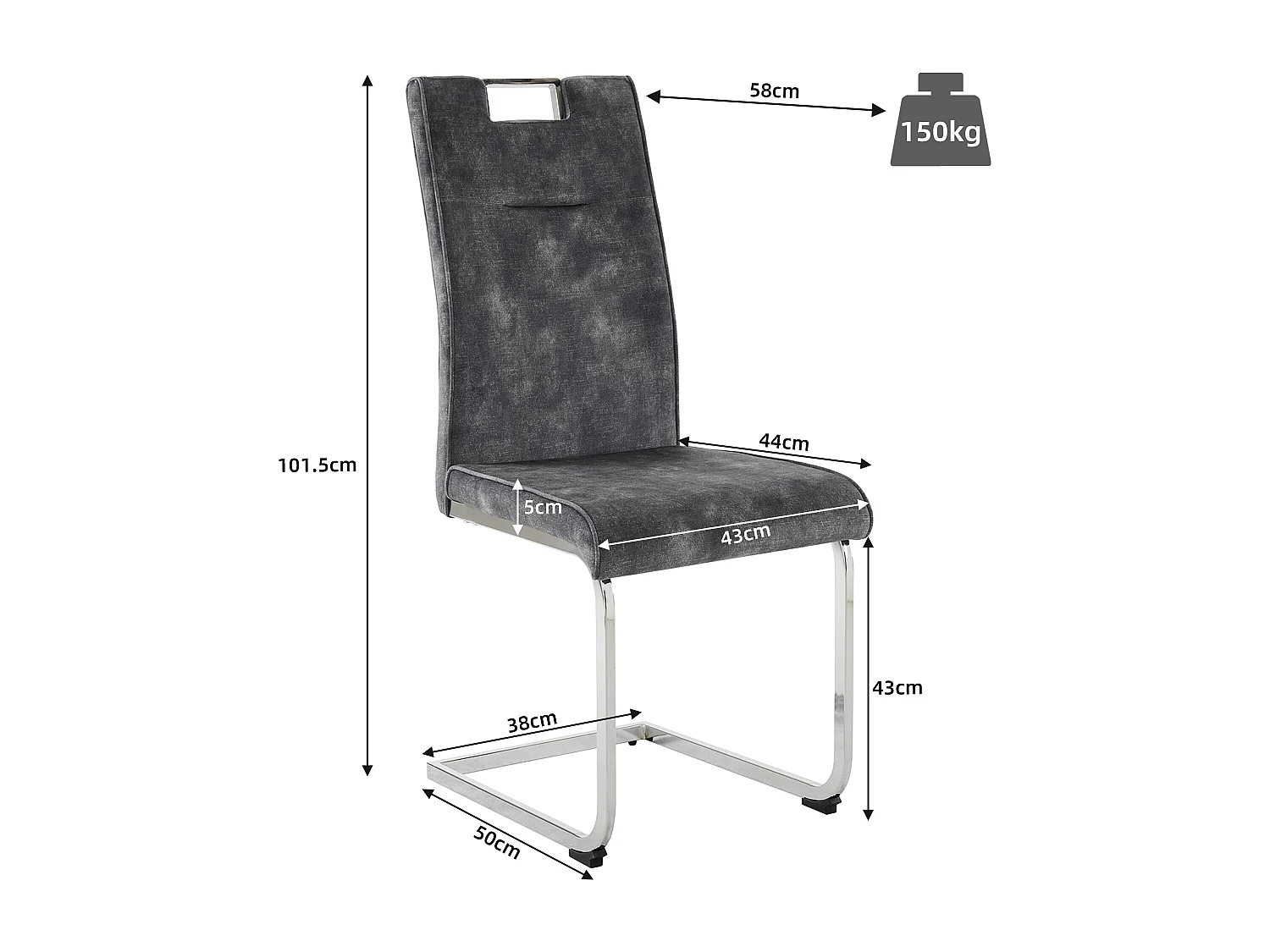 Lot de 4 Chaises cantilever en velours - Pièds en tube d'acier - Sans accoudoirs - Gris foncé