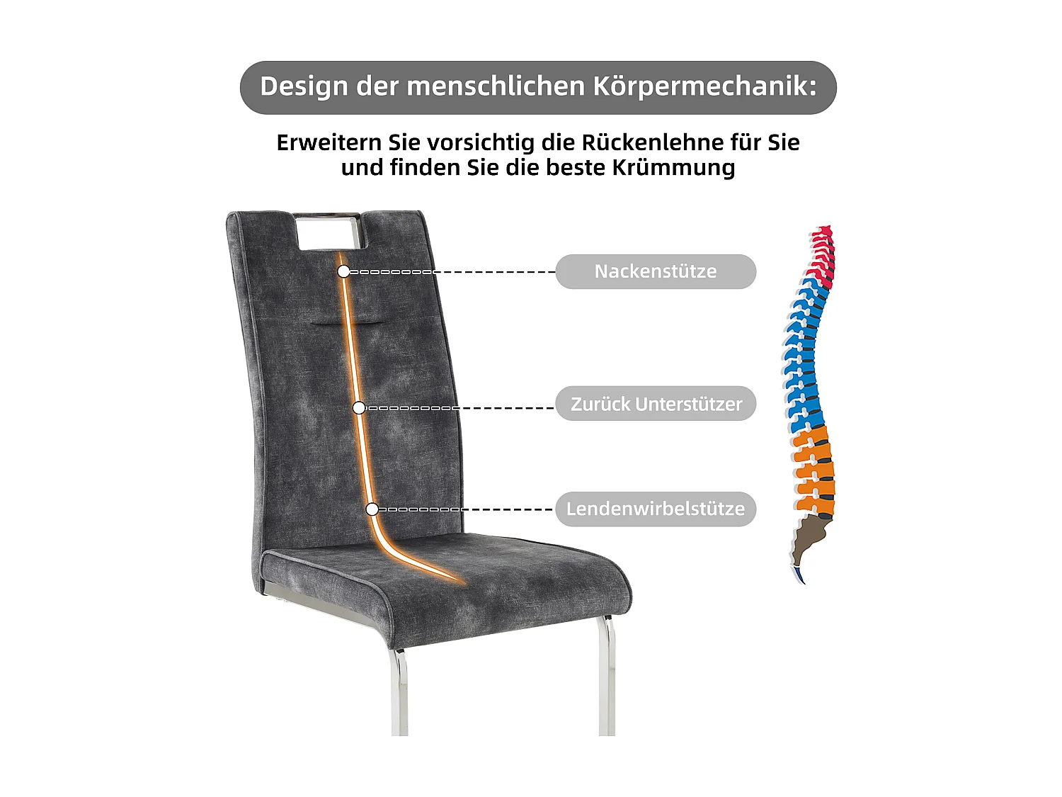 Lot de 4 Chaises cantilever en velours - Pièds en tube d'acier - Sans accoudoirs - Gris foncé