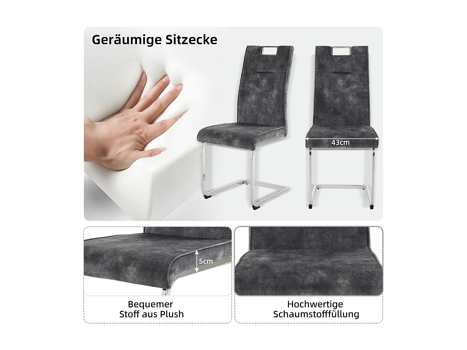 Lot de 4 Chaises cantilever en velours - Pièds en tube d'acier - Sans accoudoirs - Gris foncé