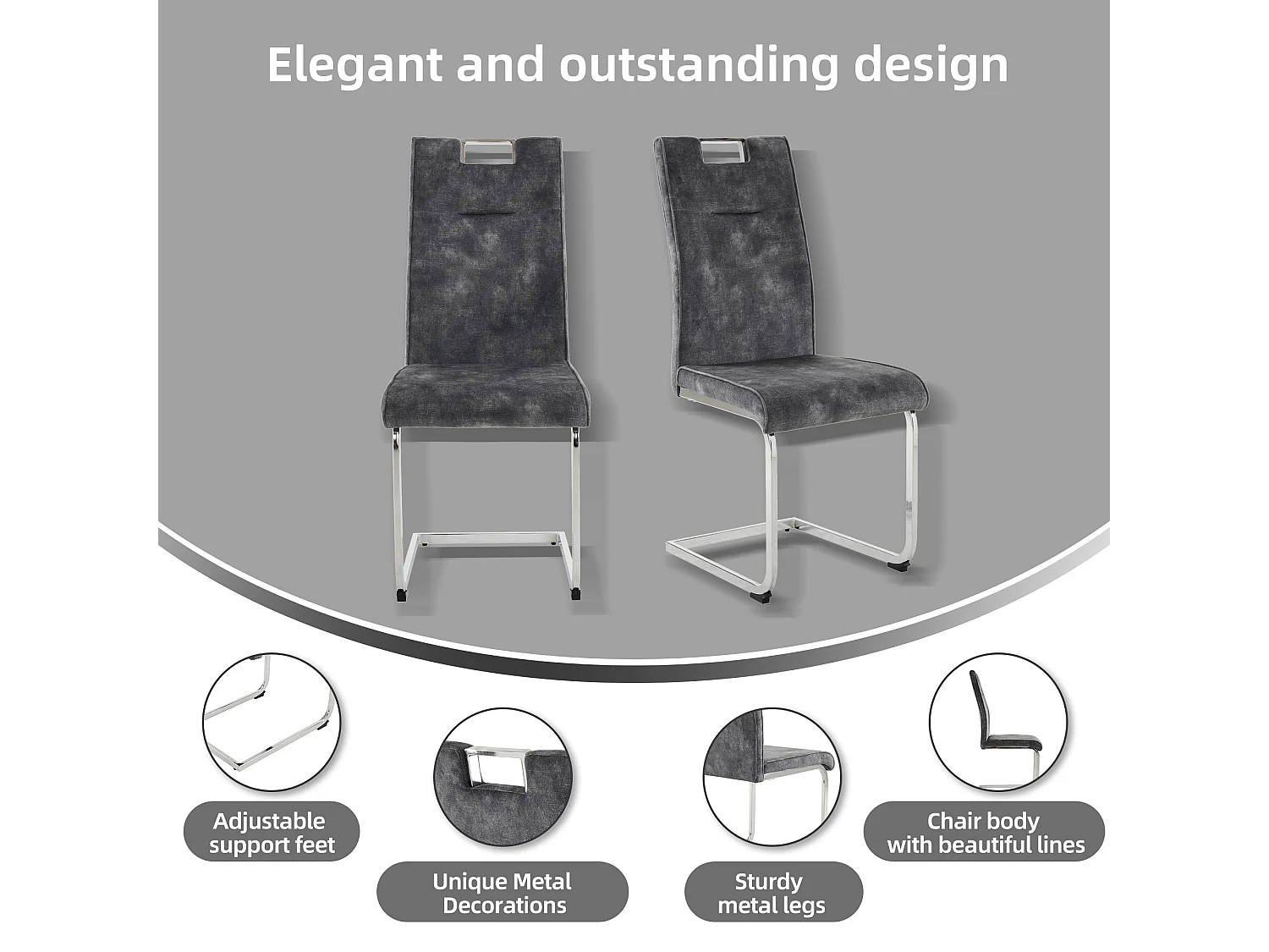 Lot de 4 Chaises cantilever en velours - Pièds en tube d'acier - Sans accoudoirs - Gris foncé