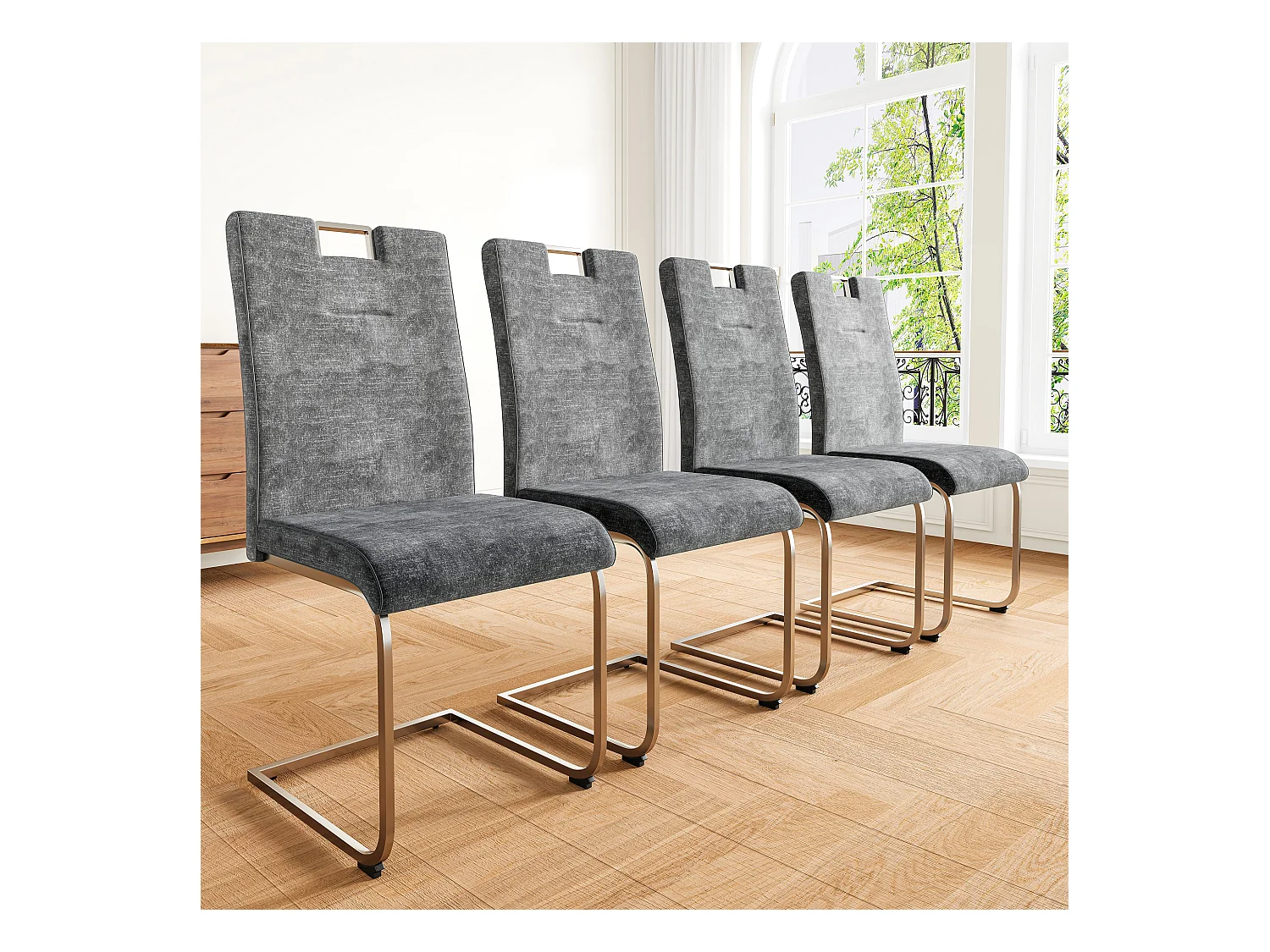 Lot de 4 Chaises cantilever en velours - Pièds en tube d'acier - Sans accoudoirs - Gris foncé