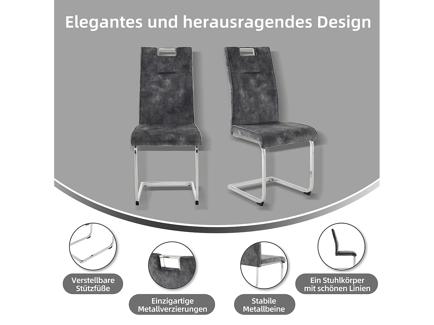 Set mit 4 Freischwingern aus Samt – Beine aus Stahlrohr – Ohne Armlehnen – Dunkelgrau