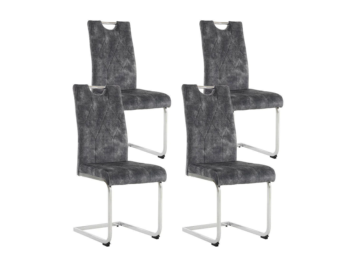 Lot de 4 Chaises cantilever en velours - Pièds en acier - Motif losange - Sans accoudoirs - Gris foncé