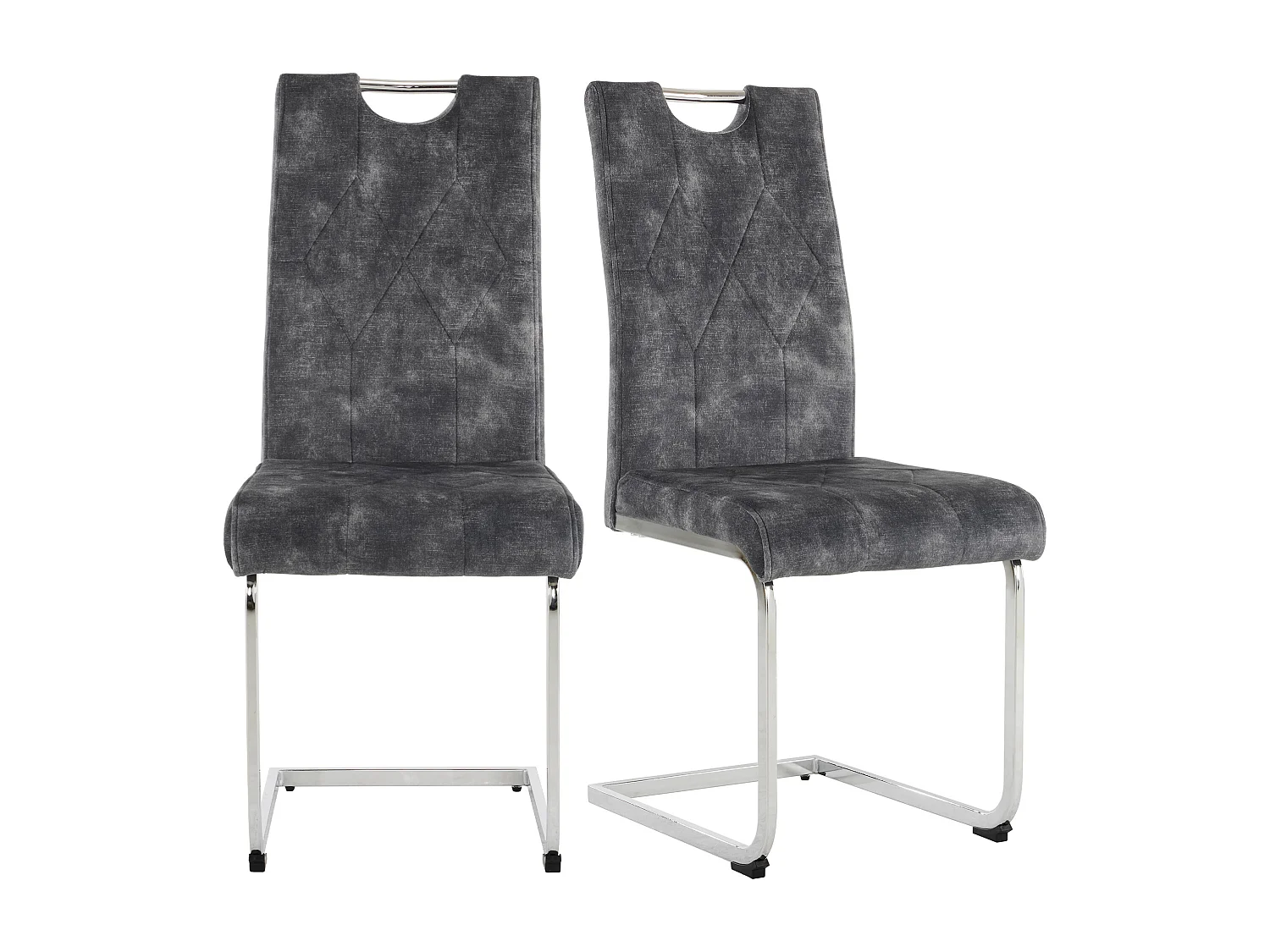 Lot de 4 Chaises cantilever en velours - Pièds en acier - Motif losange - Sans accoudoirs - Gris foncé