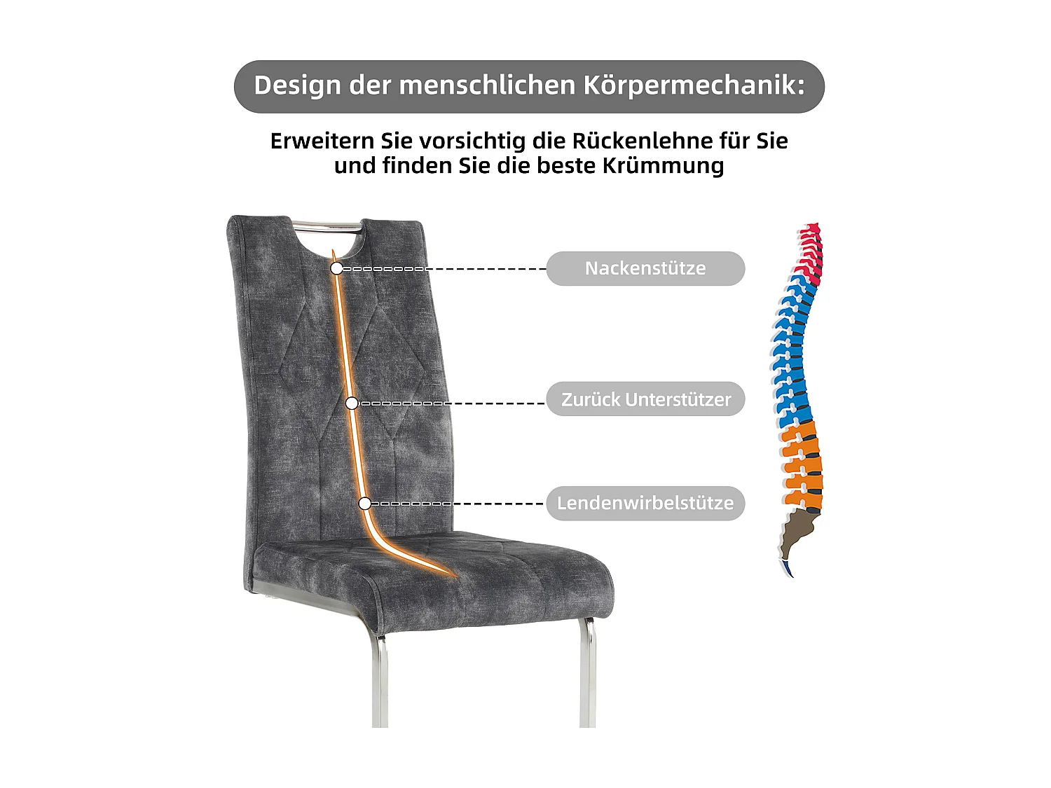 Lot de 4 Chaises cantilever en velours - Pièds en acier - Motif losange - Sans accoudoirs - Gris foncé