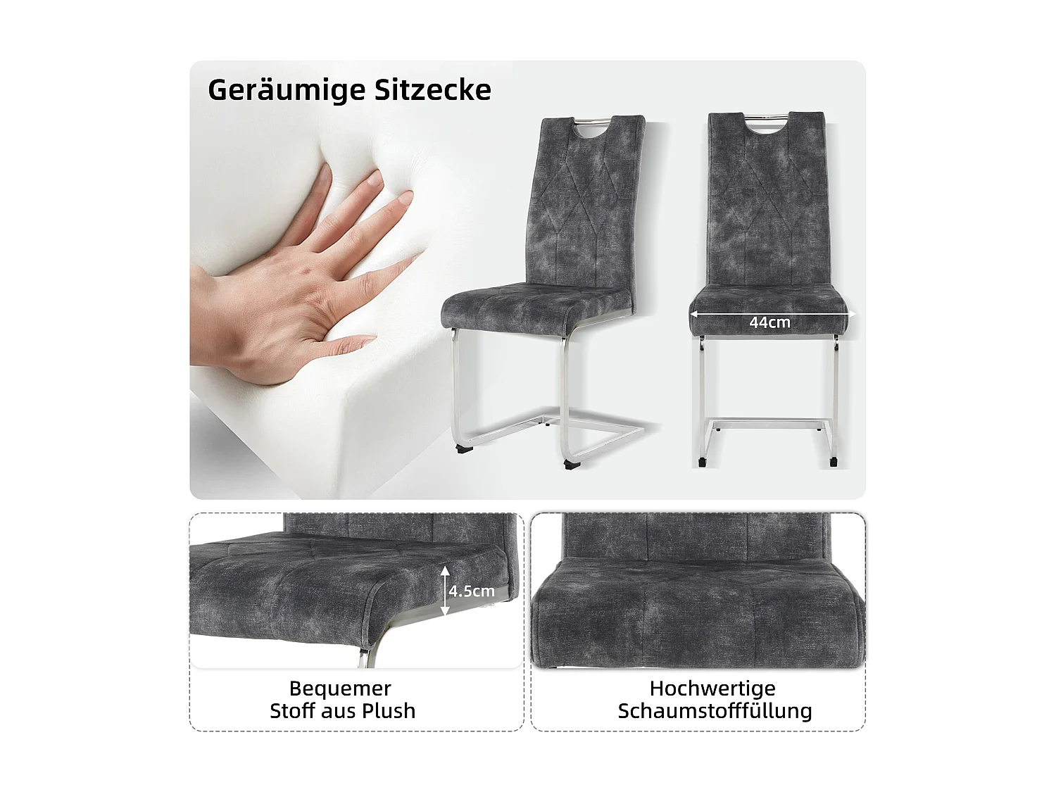 Lot de 4 Chaises cantilever en velours - Pièds en acier - Motif losange - Sans accoudoirs - Gris foncé