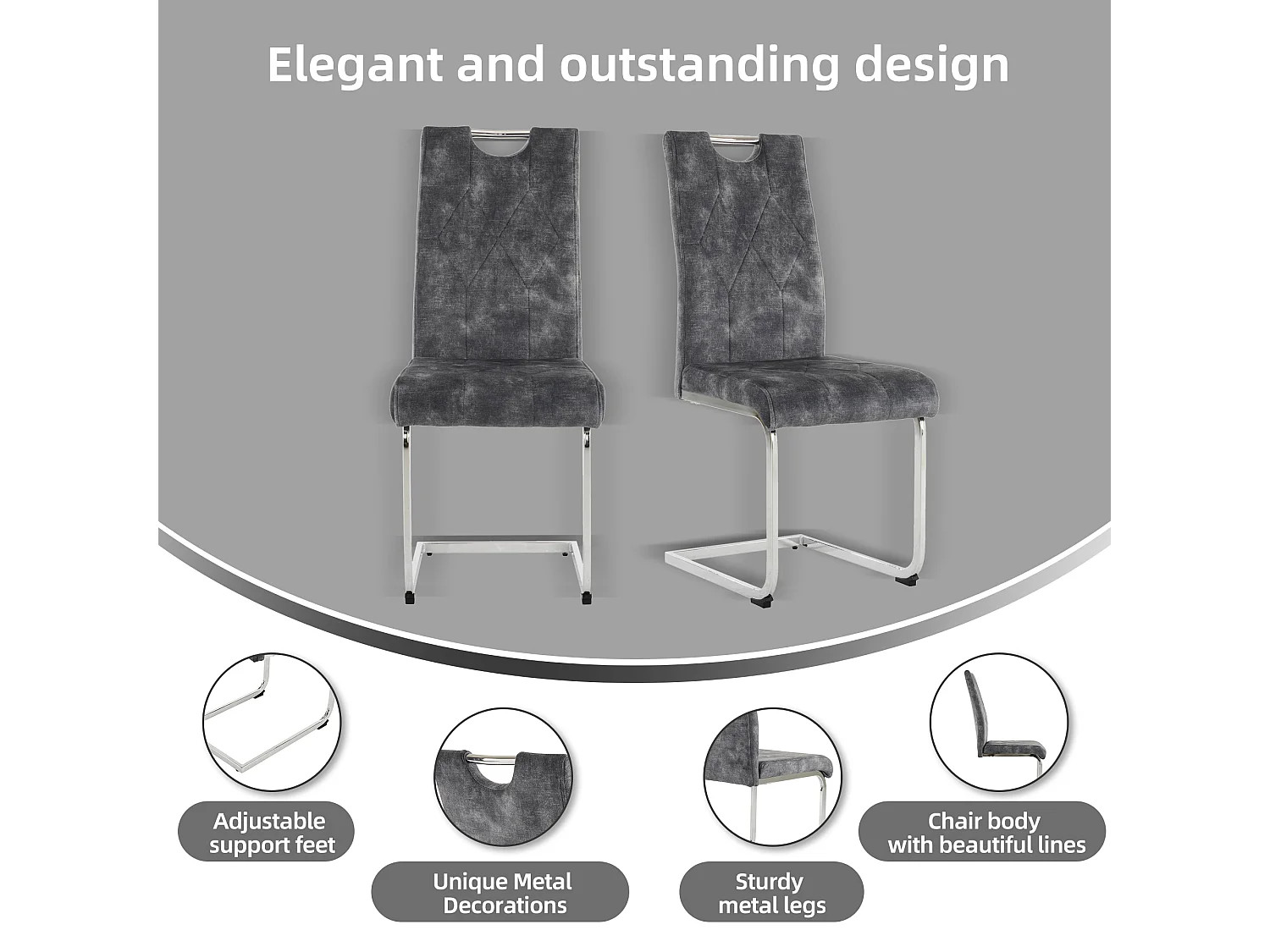 Lot de 4 Chaises cantilever en velours - Pièds en acier - Motif losange - Sans accoudoirs - Gris foncé