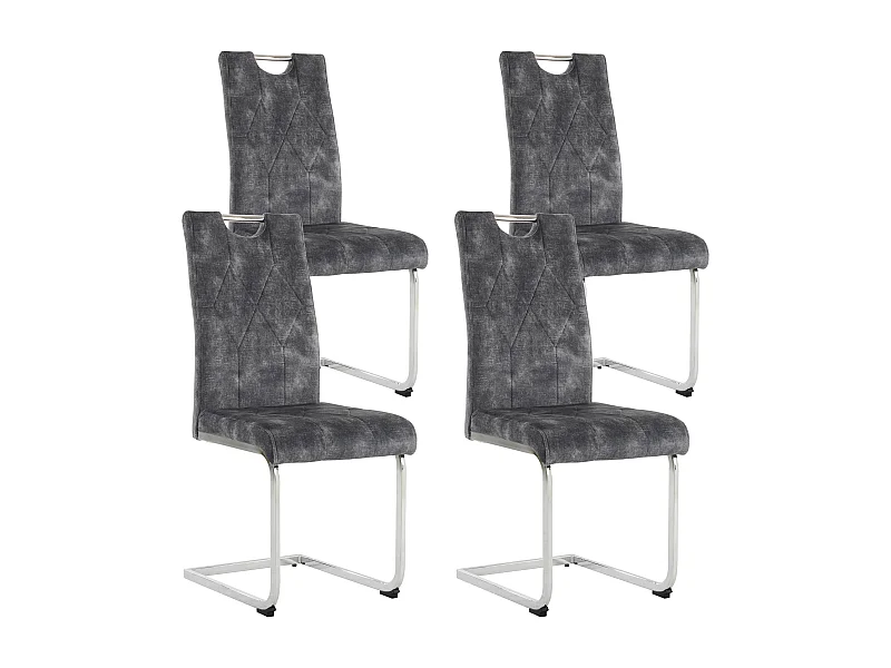 Lot de 4 Chaises cantilever en velours - Pièds en acier - Motif losange - Sans accoudoirs - Gris foncé