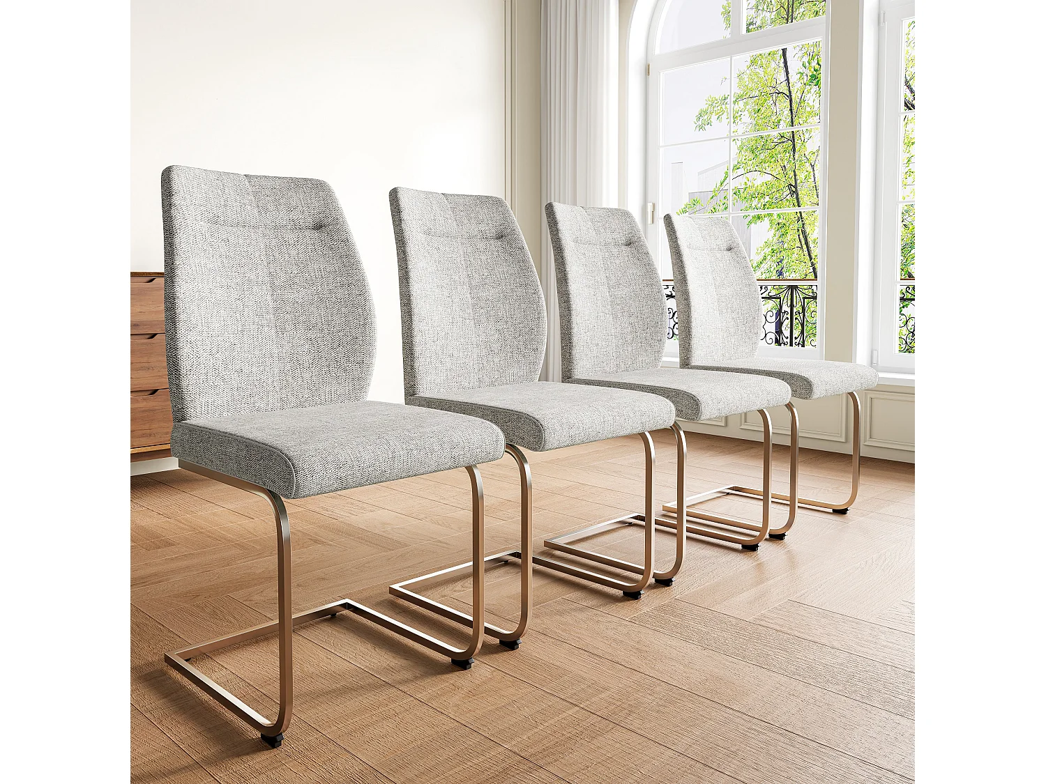 Lot de 4 Chaises cantilever en lin - Pièds en tube d'acier - Sans accoudoirs - Gris