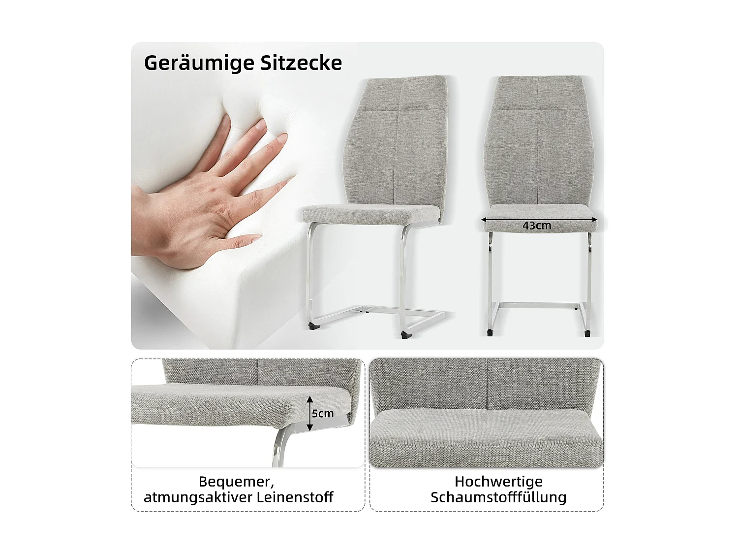 Lot de 4 Chaises cantilever en lin - Pièds en tube d'acier - Sans accoudoirs - Gris