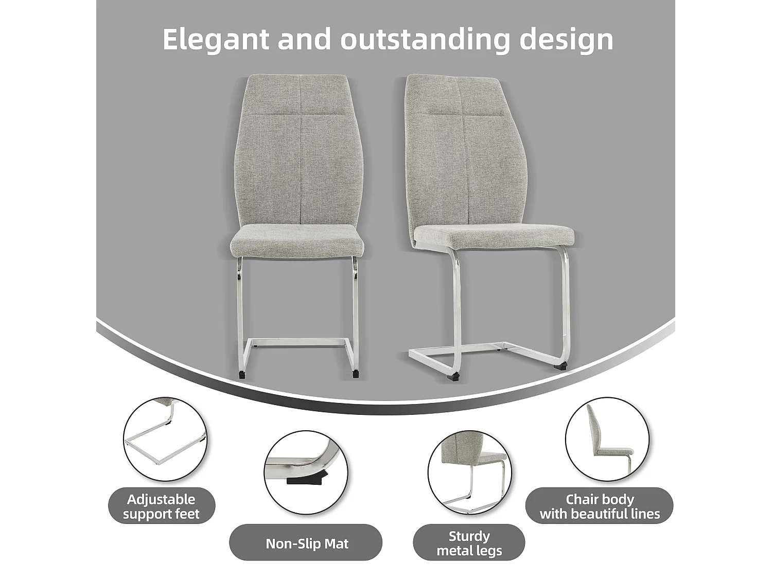 Lot de 4 Chaises cantilever en lin - Pièds en tube d'acier - Sans accoudoirs - Gris