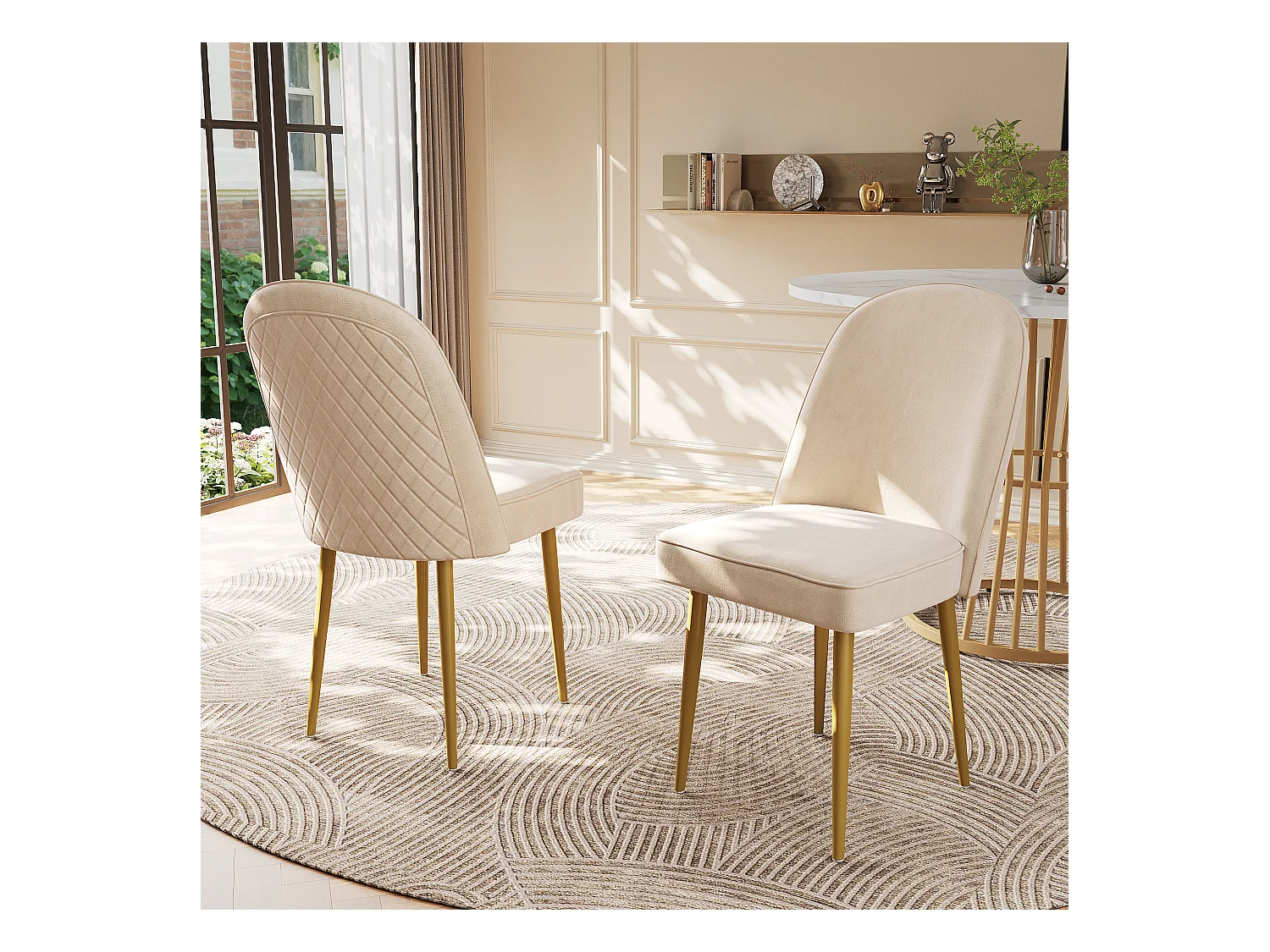 Lot de 2 chaises de salle à manger modernes en velours - Pièds en métal doré - Sans accoudoirs - Beige