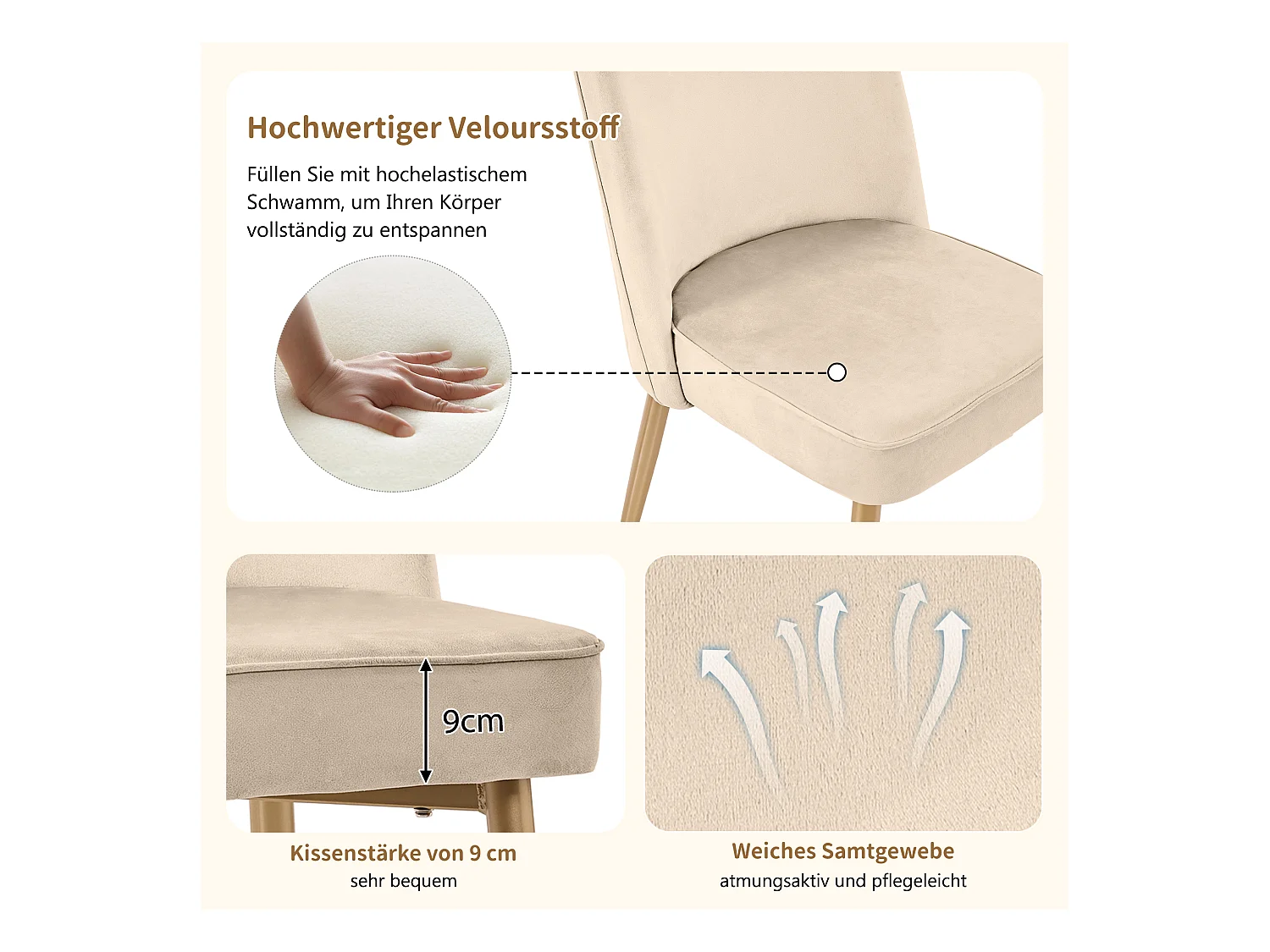 Lot de 2 chaises de salle à manger modernes en velours - Pièds en métal doré - Sans accoudoirs - Beige