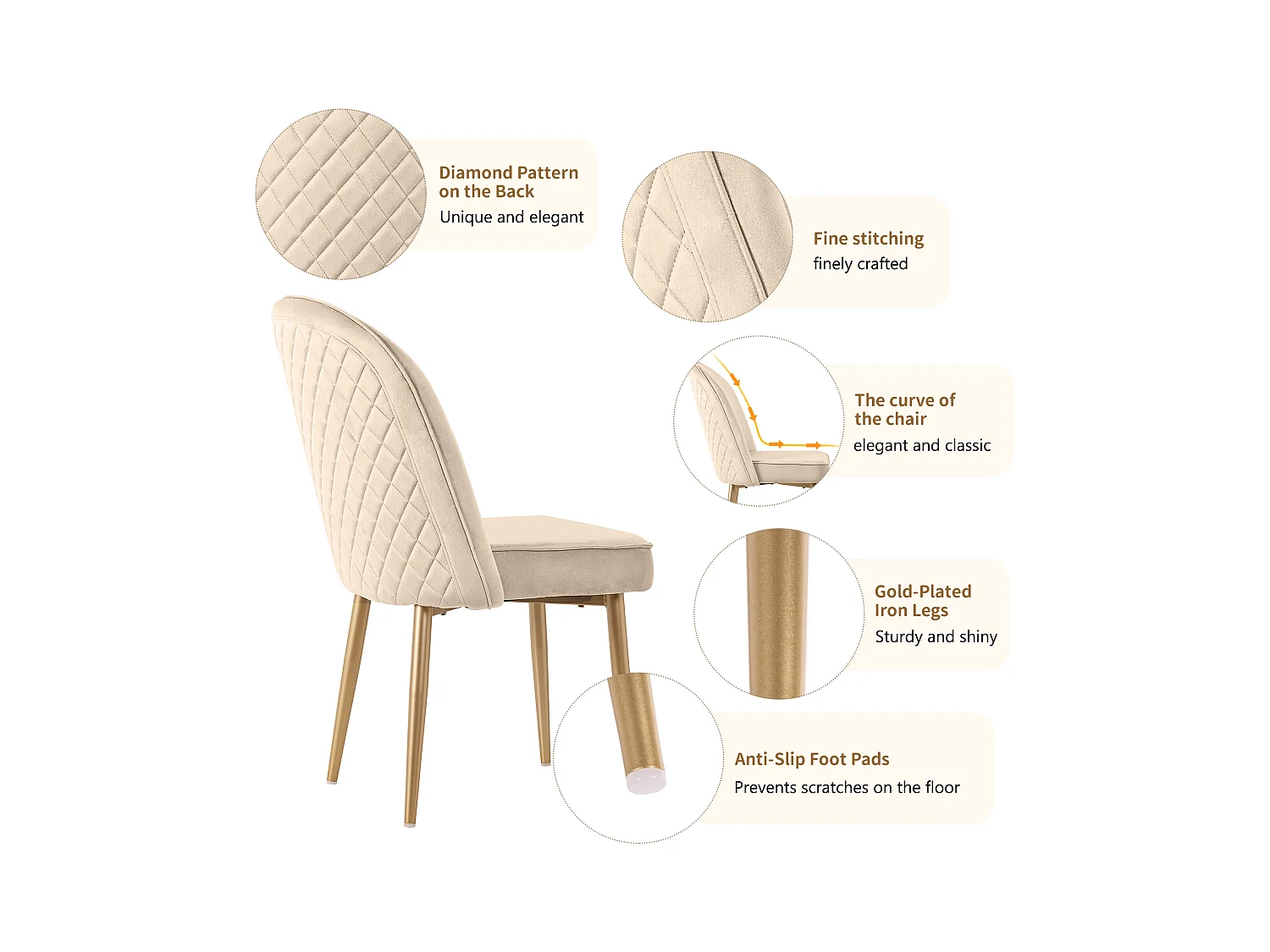 Lot de 2 chaises de salle à manger modernes en velours - Pièds en métal doré - Sans accoudoirs - Beige