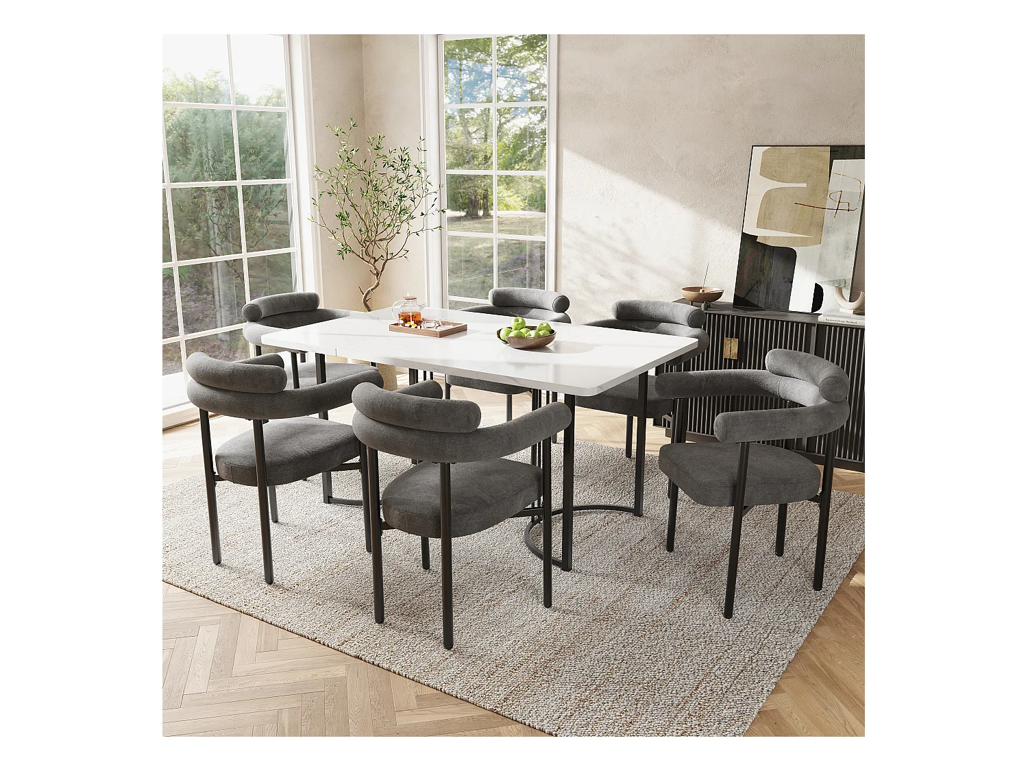 Lot de 4 chaises de salle à manger en velours - Pièds en métal - Avec accoudoirs - Gris foncé