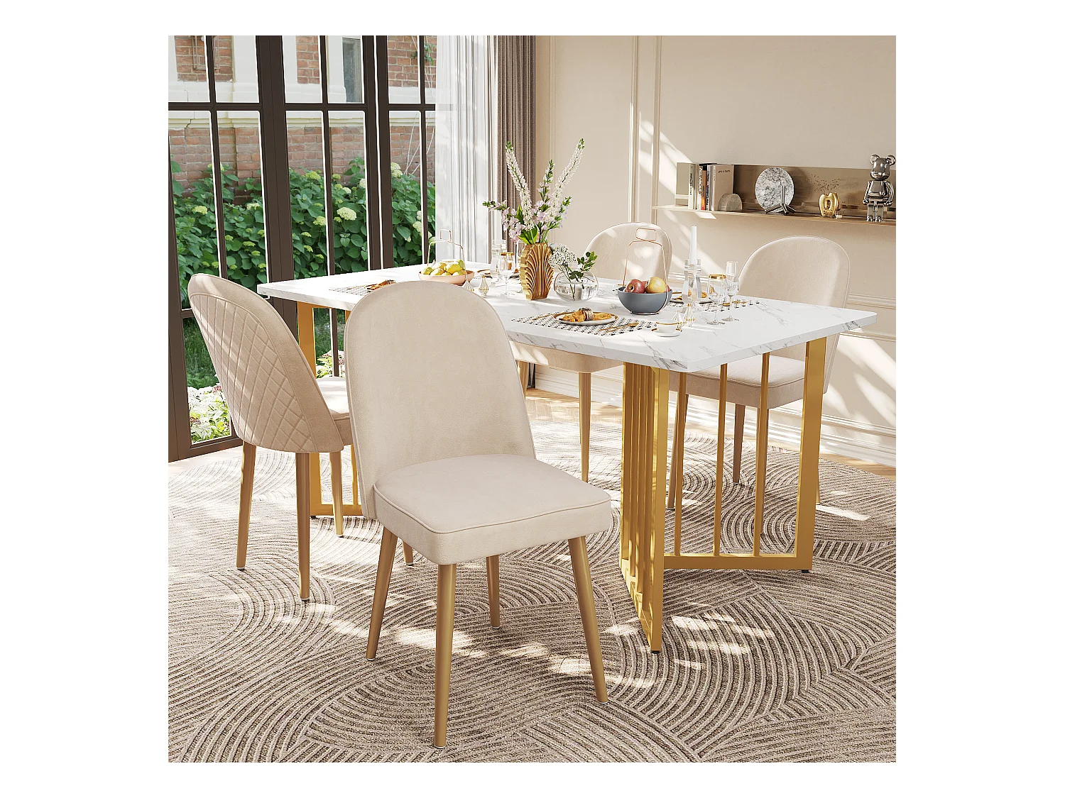 Lot de 4 chaises de salle à manger modernes en velours - Pièds en métal doré - Sans accoudoirs - Beige
