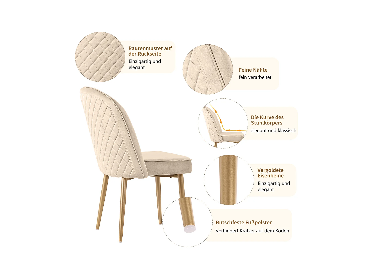 Lot de 4 chaises de salle à manger modernes en velours - Pièds en métal doré - Sans accoudoirs - Beige