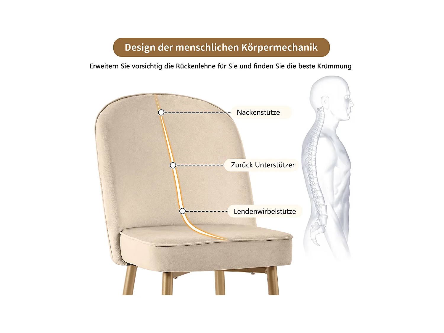 Lot de 4 chaises de salle à manger modernes en velours - Pièds en métal doré - Sans accoudoirs - Beige