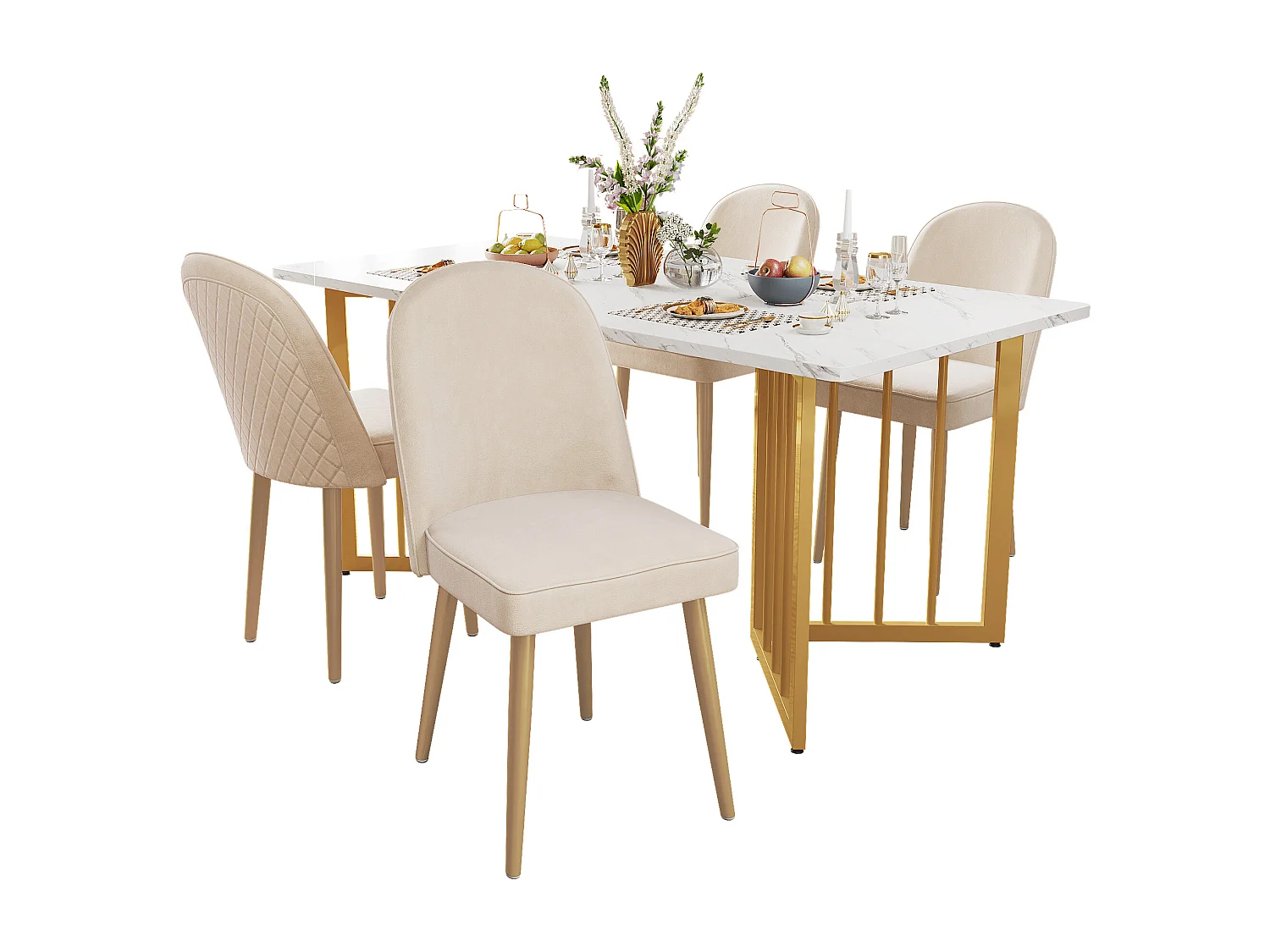 Lot de 4 chaises de salle à manger modernes en velours - Pièds en métal doré - Sans accoudoirs - Beige