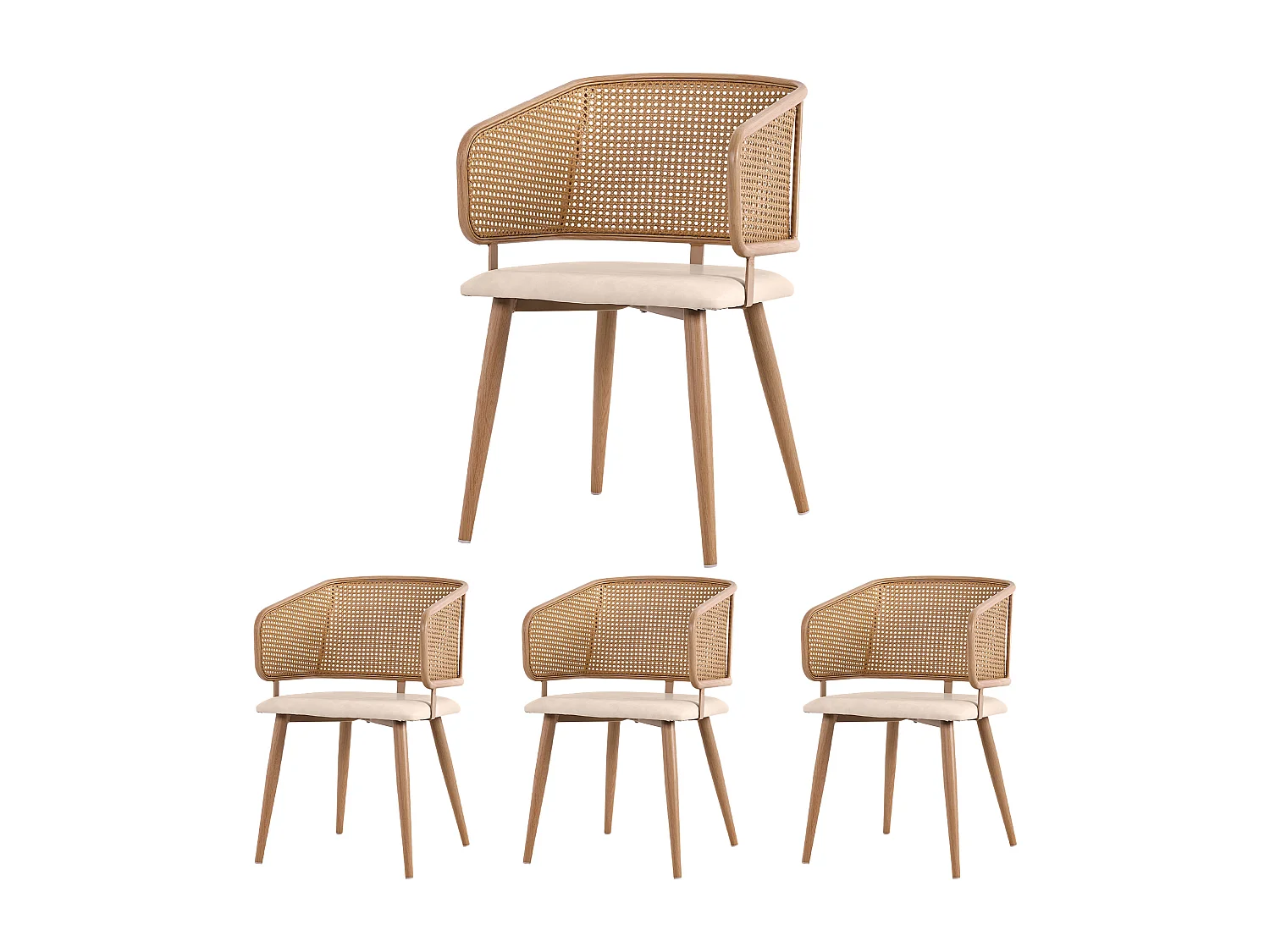 Lot de 4 chaises de salle à manger avec dossier en rotin - Pièds en métal et coussin en cuir PU - Avec accoudoirs - Beige