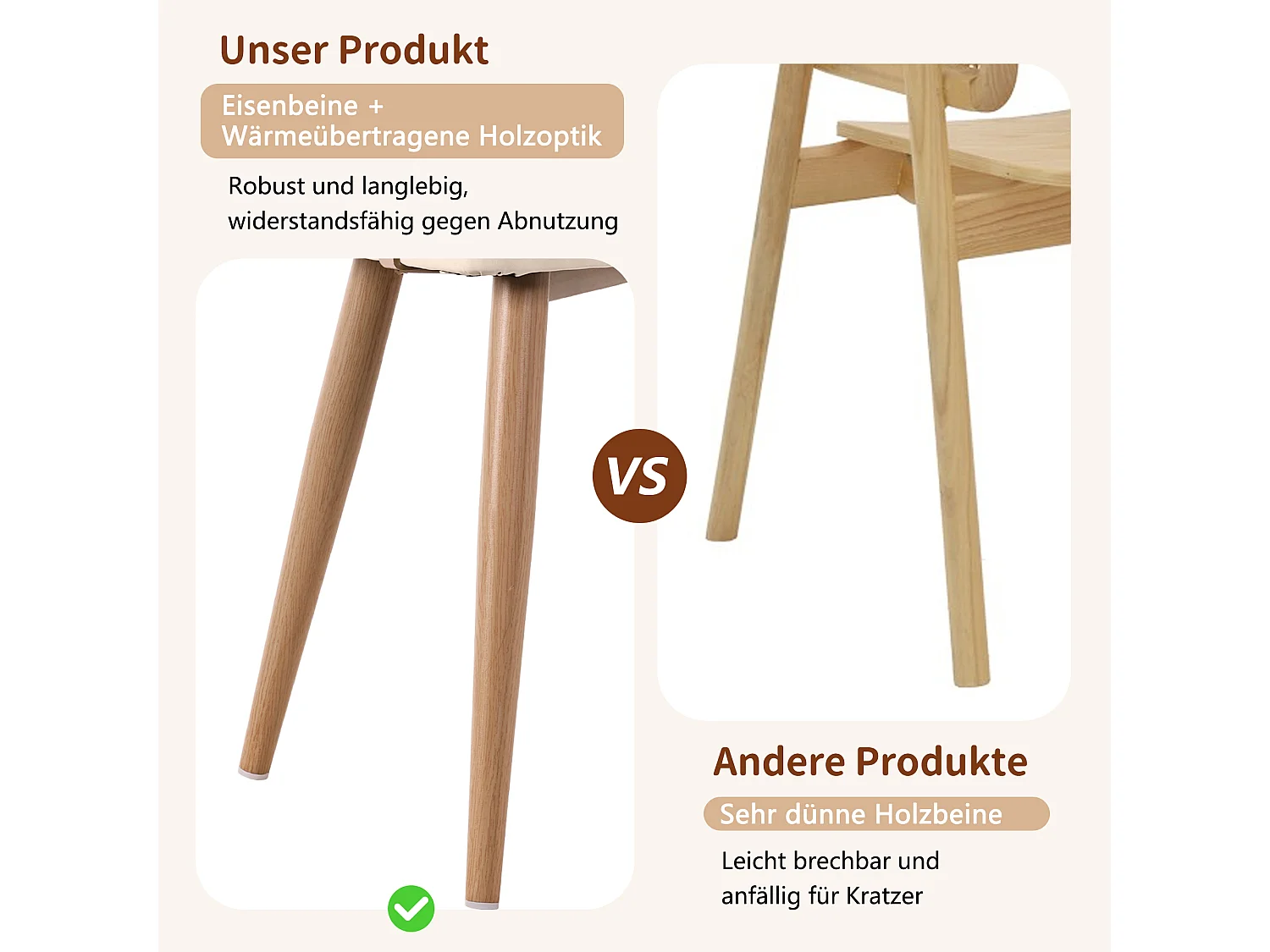 Lot de 4 chaises de salle à manger avec dossier en rotin - Pièds en métal et coussin en cuir PU - Avec accoudoirs - Beige