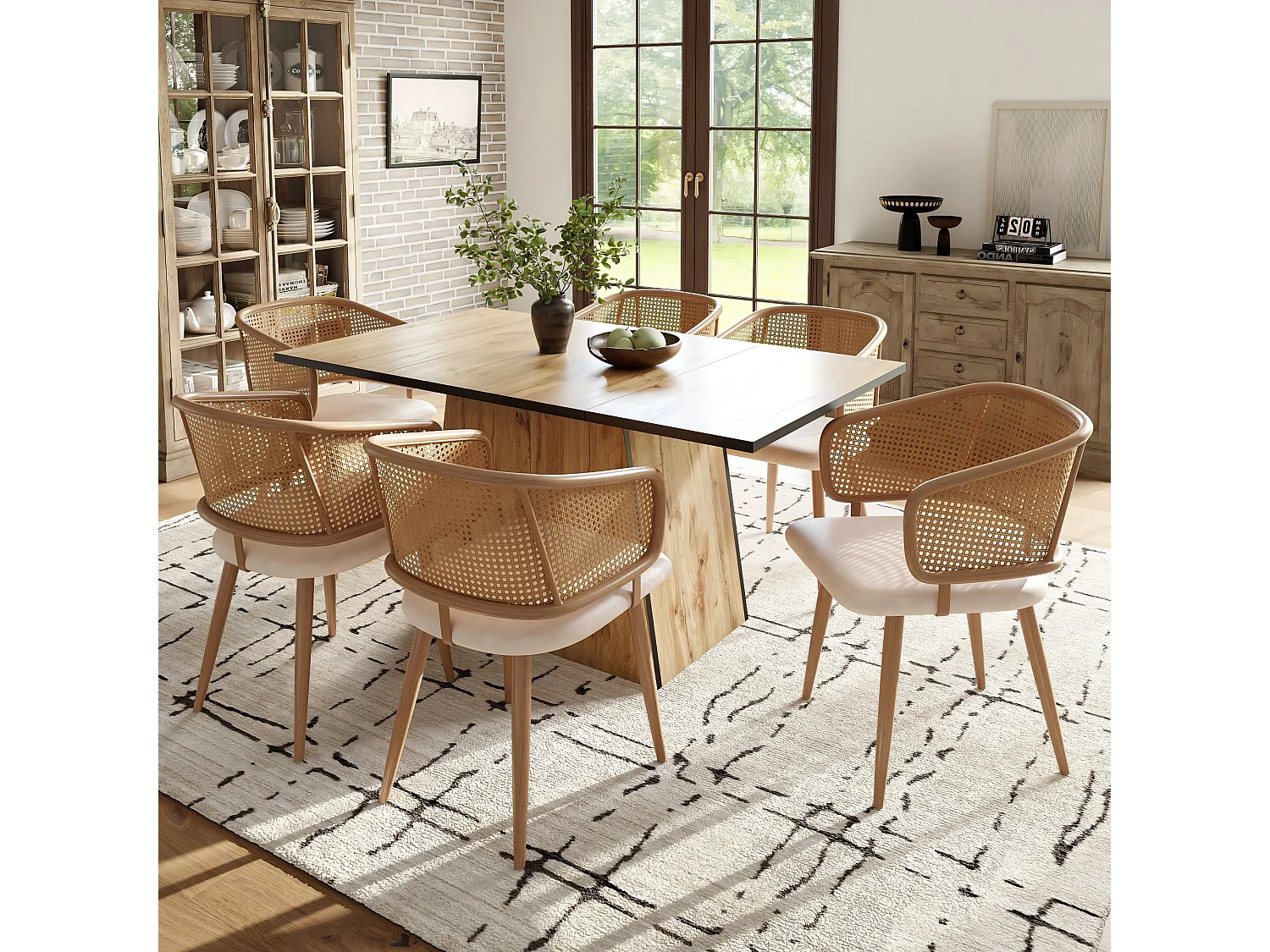 Lot de 2 chaises de salle à manger avec dossier en rotin - Pièds en métal et coussin en cuir PU - Avec accoudoirs - Beige