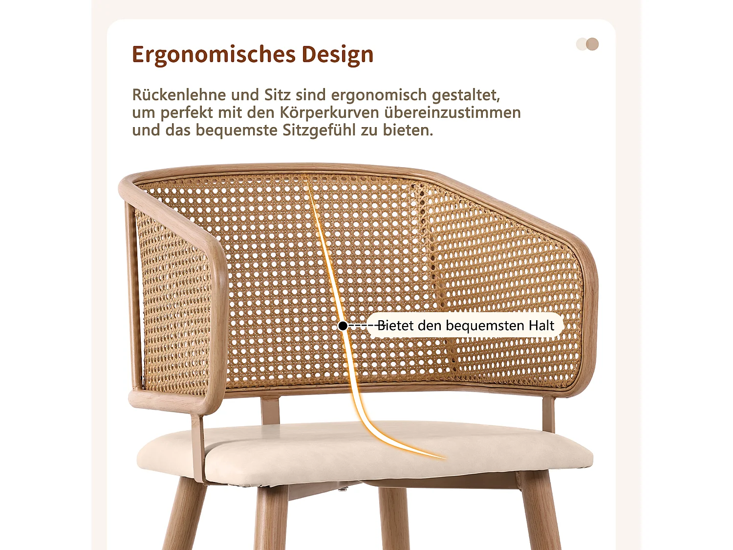 Lot de 2 chaises de salle à manger avec dossier en rotin - Pièds en métal et coussin en cuir PU - Avec accoudoirs - Beige