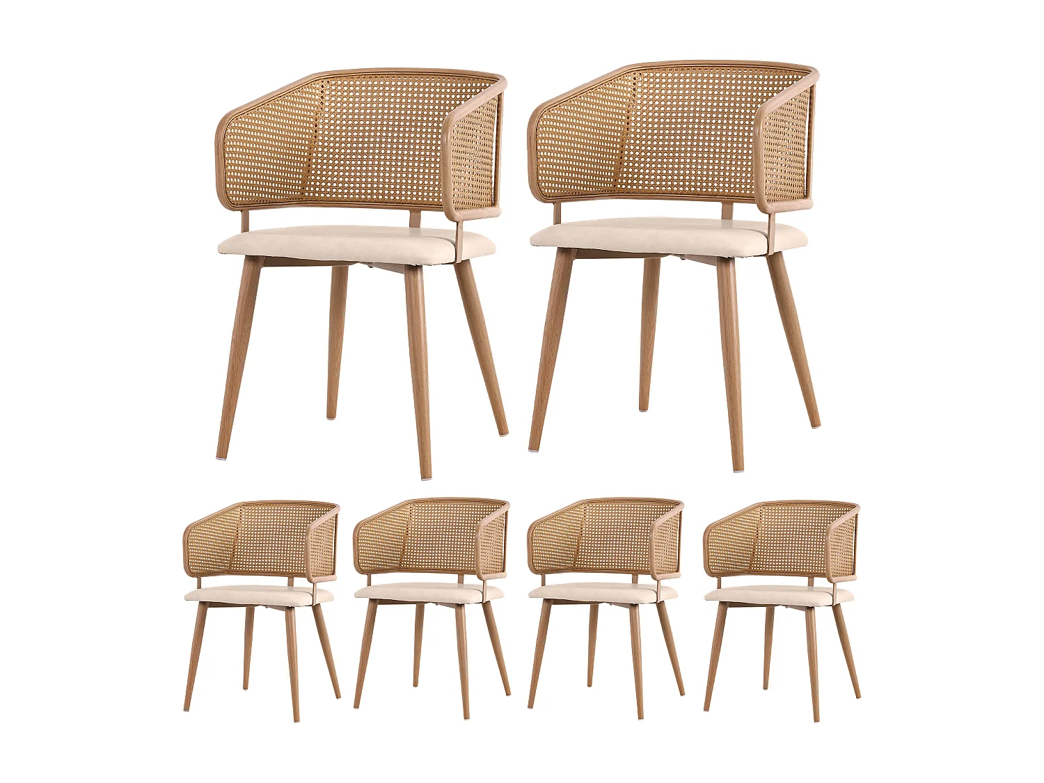 Lot de 6 chaises de salle à manger avec dossier en rotin - Pièds en métal et coussin en cuir PU - Avec accoudoirs - Beige