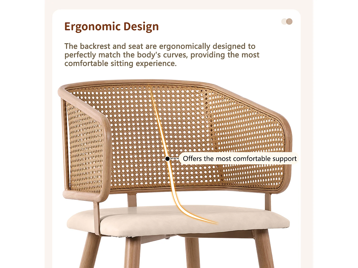 Lot de 6 chaises de salle à manger avec dossier en rotin - Pièds en métal et coussin en cuir PU - Avec accoudoirs - Beige