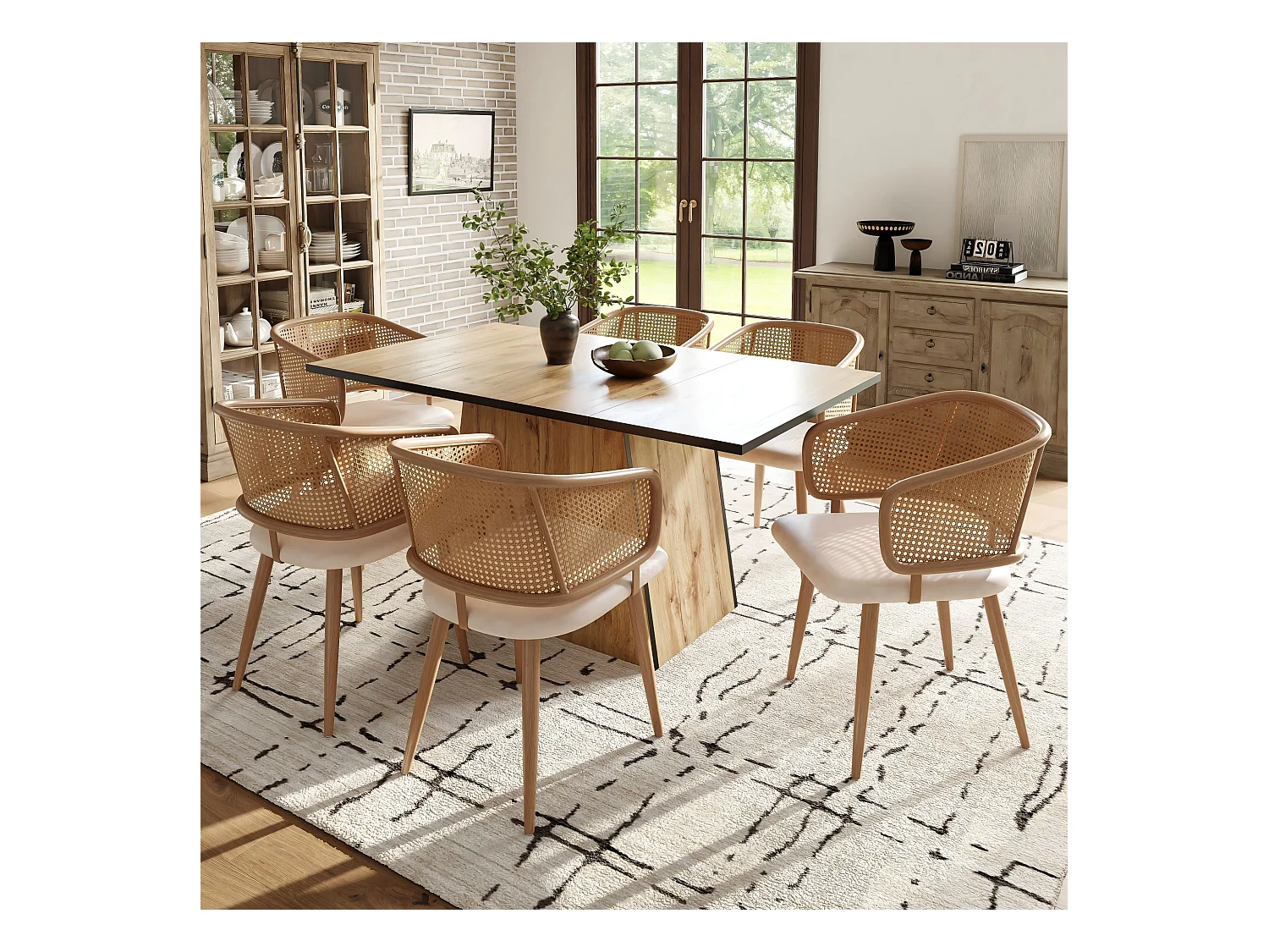 Set van 6 rotan eetkamerstoelen met rugleuning - metalen poten en PU-lederen kussen - met armleuningen - Beige