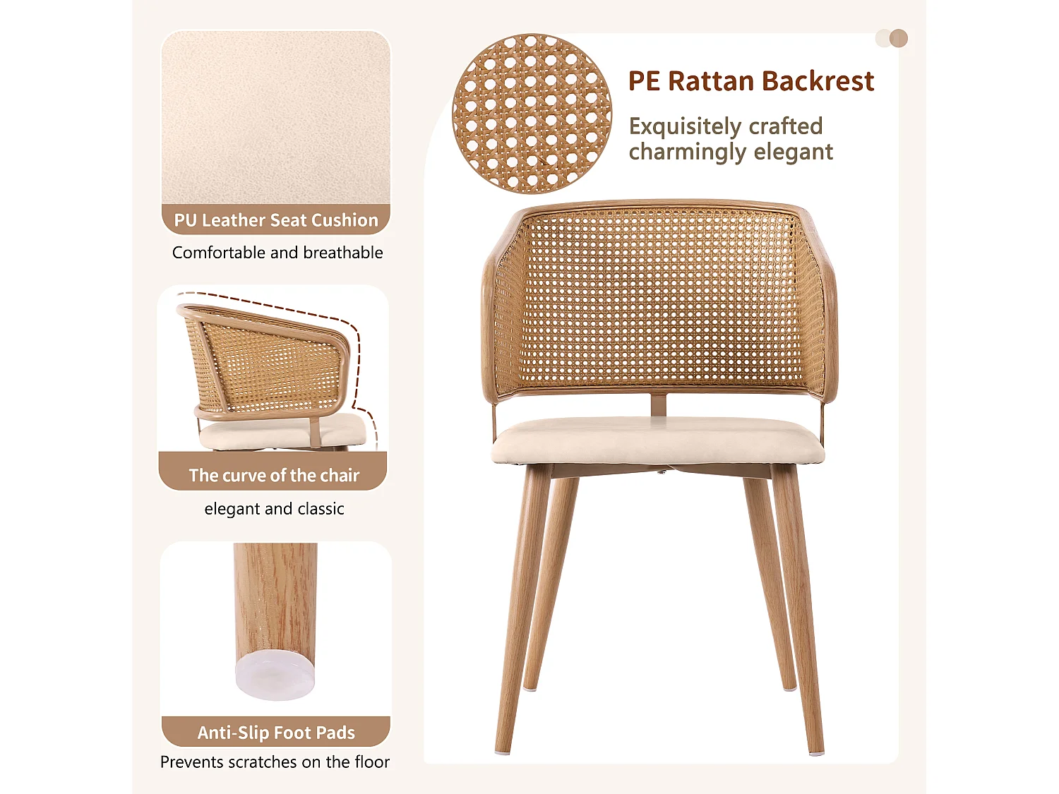 Lot de 6 chaises de salle à manger avec dossier en rotin - Pièds en métal et coussin en cuir PU - Avec accoudoirs - Beige