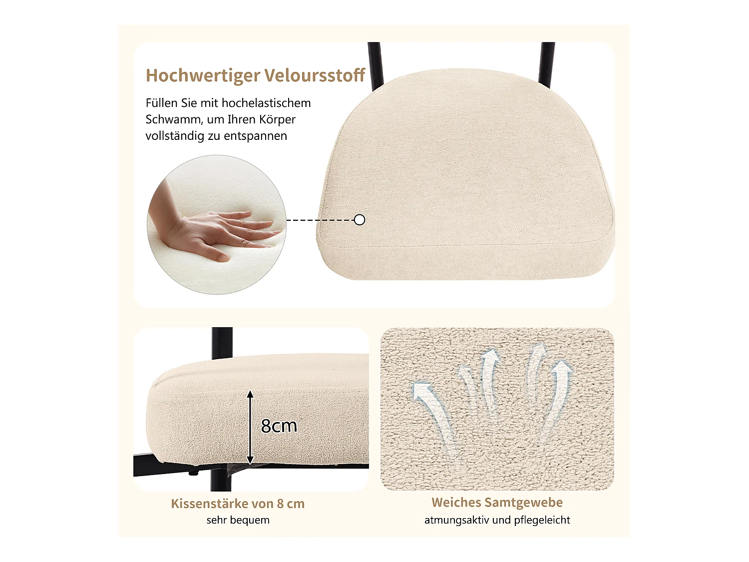 Set van 6 fluwelen eetkamerstoelen - metalen poten - met armleuningen - Beige