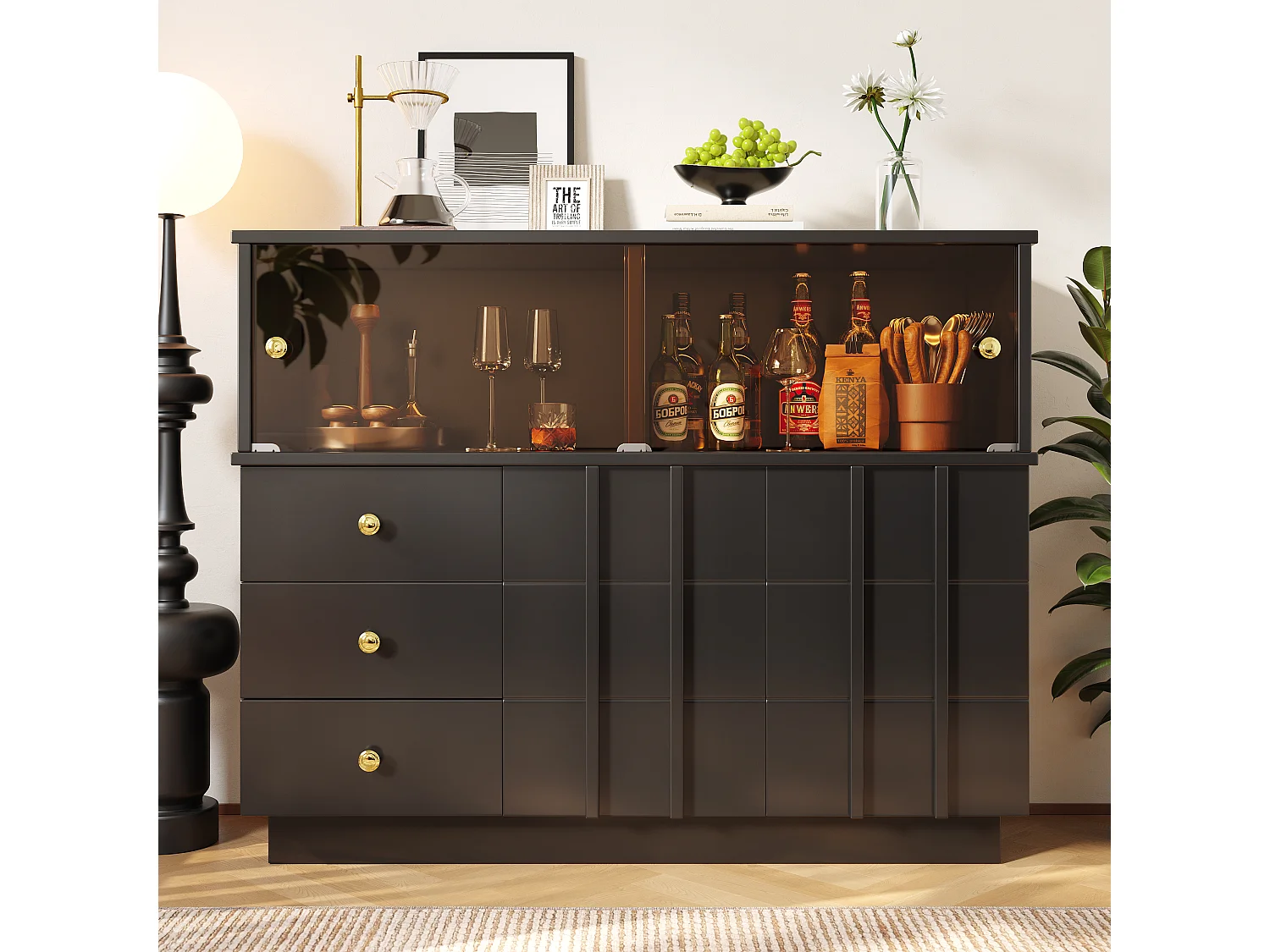 Dressoir, keukenkast met 4 deuren en 3 laden - 120 x 33 x 95 cm - MDF hout en deuren van gerookt glas - Zwart