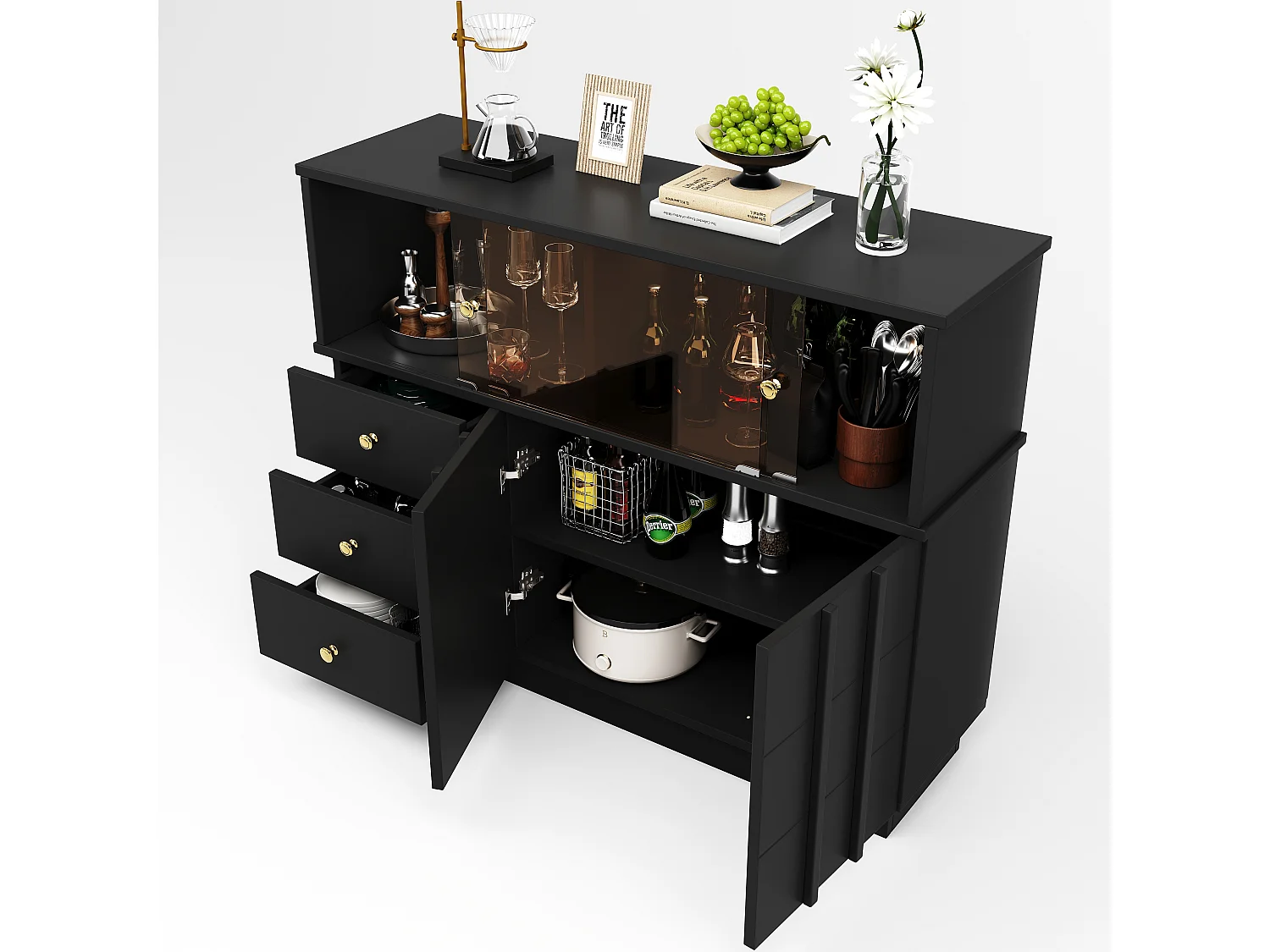 Dressoir, keukenkast met 4 deuren en 3 laden - 120 x 33 x 95 cm - MDF hout en deuren van gerookt glas - Zwart