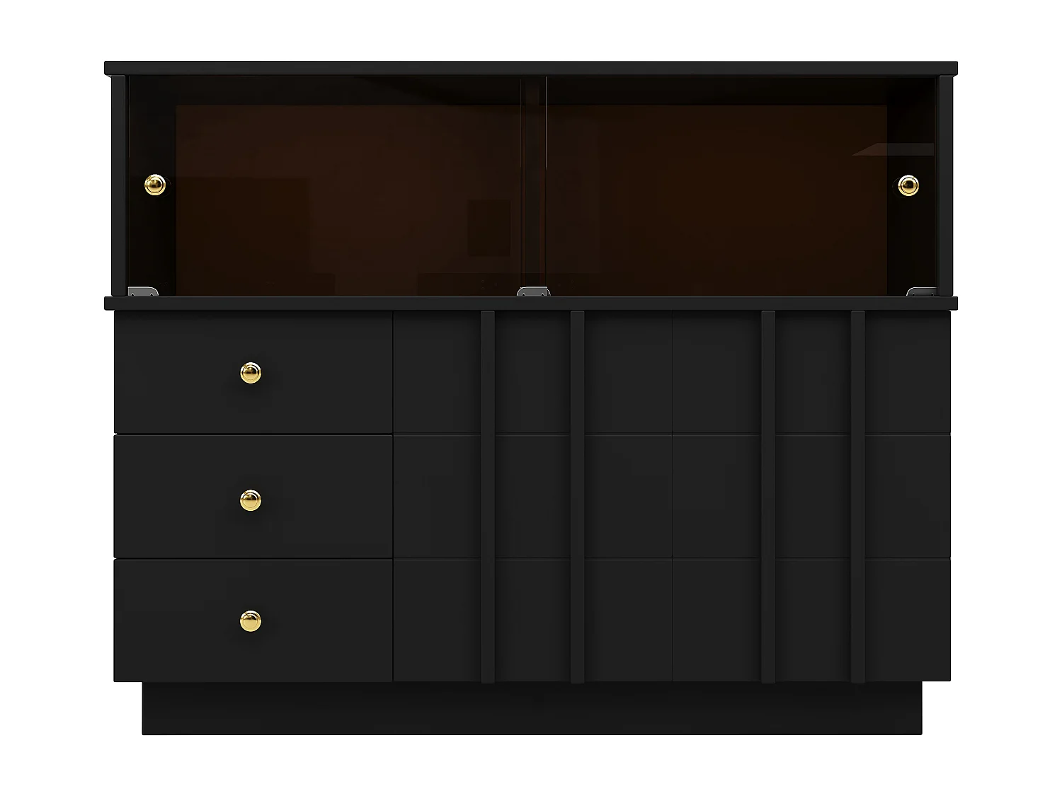 Dressoir, keukenkast met 4 deuren en 3 laden - 120 x 33 x 95 cm - MDF hout en deuren van gerookt glas - Zwart