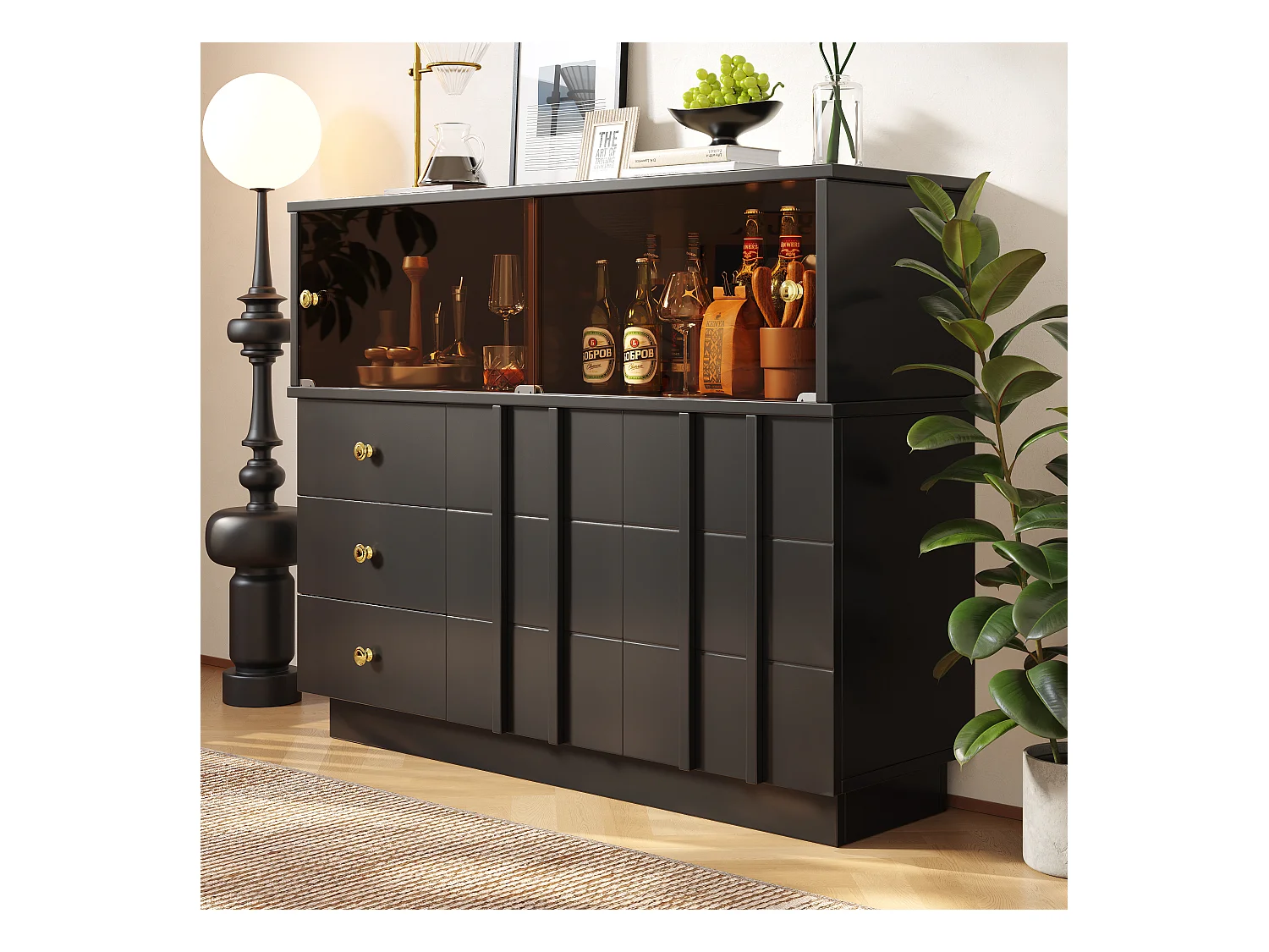 Buffet, armoire de cuisine avec 4 portes et 3 tiroirs - 120 x 33 x 95 cm - Bois MDF et portes en verre fumé - Noir