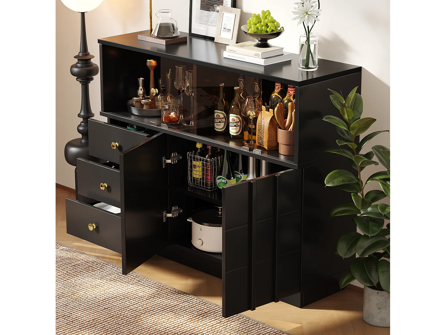 Dressoir, keukenkast met 4 deuren en 3 laden - 120 x 33 x 95 cm - MDF hout en deuren van gerookt glas - Zwart