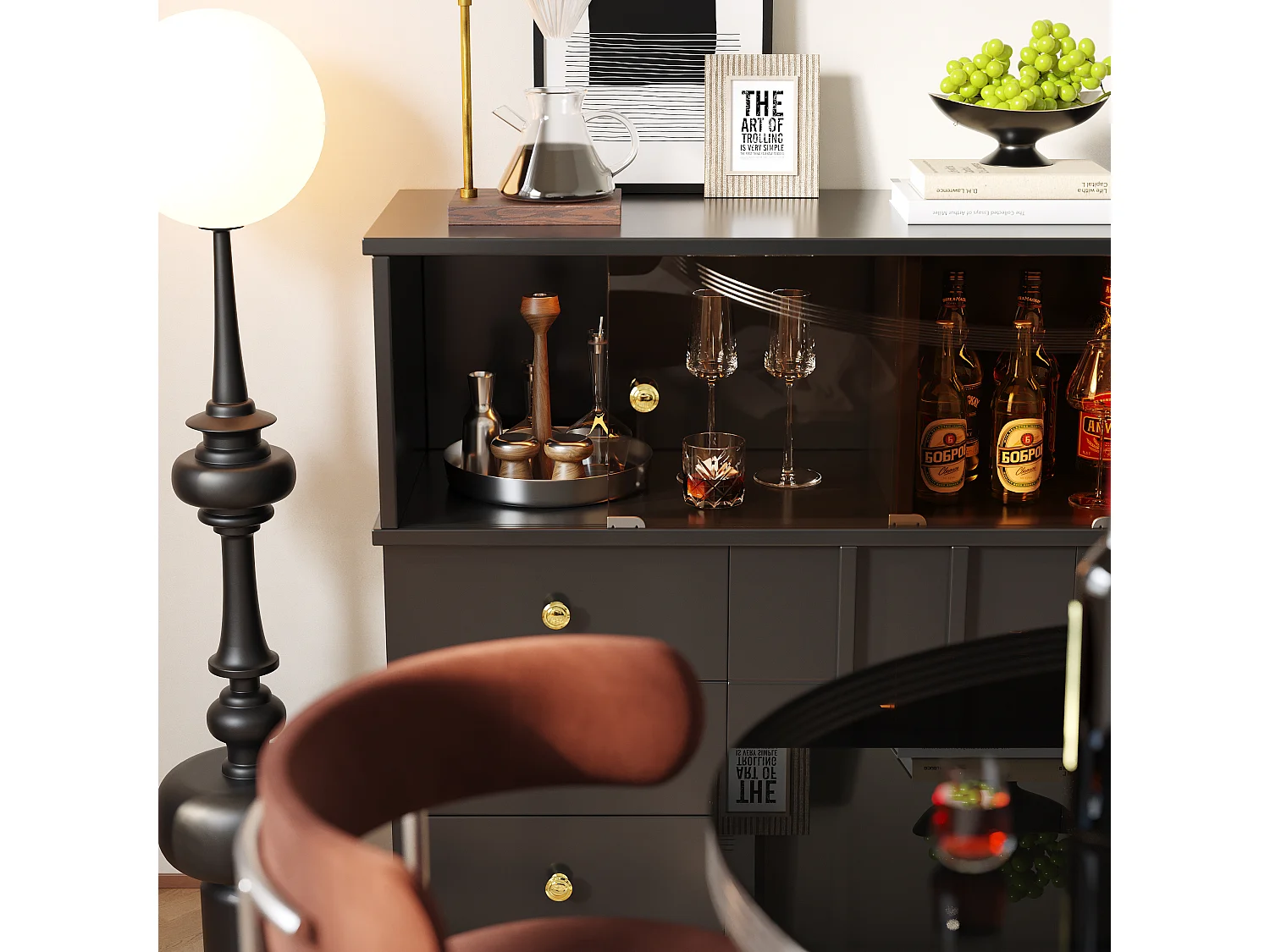 Dressoir, keukenkast met 4 deuren en 3 laden - 120 x 33 x 95 cm - MDF hout en deuren van gerookt glas - Zwart